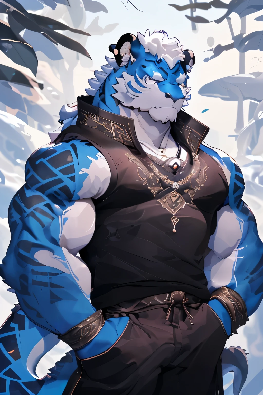 A close up of a person with a blue and black outfit - SeaArt AI