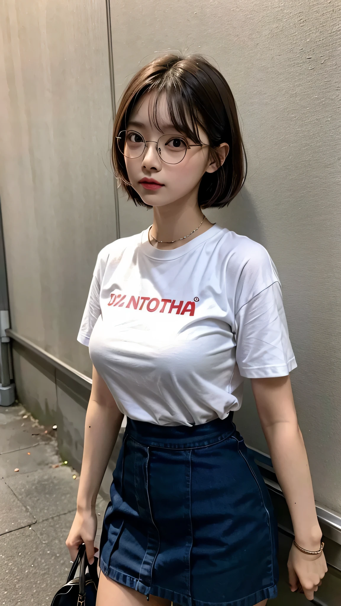 Top quality: 1.4, high resolution, perfect lighting, (1 girl), 20 years old, glasses, big breasts, short cut, t-shirt, skirt,