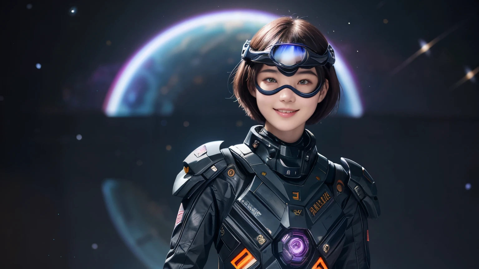 210 Short Hair, 20-year-old woman, Floral, A kind smile, Futuristic clothing, machinery suit, (The background is a galaxy and nebula), (Futuristic goggles)