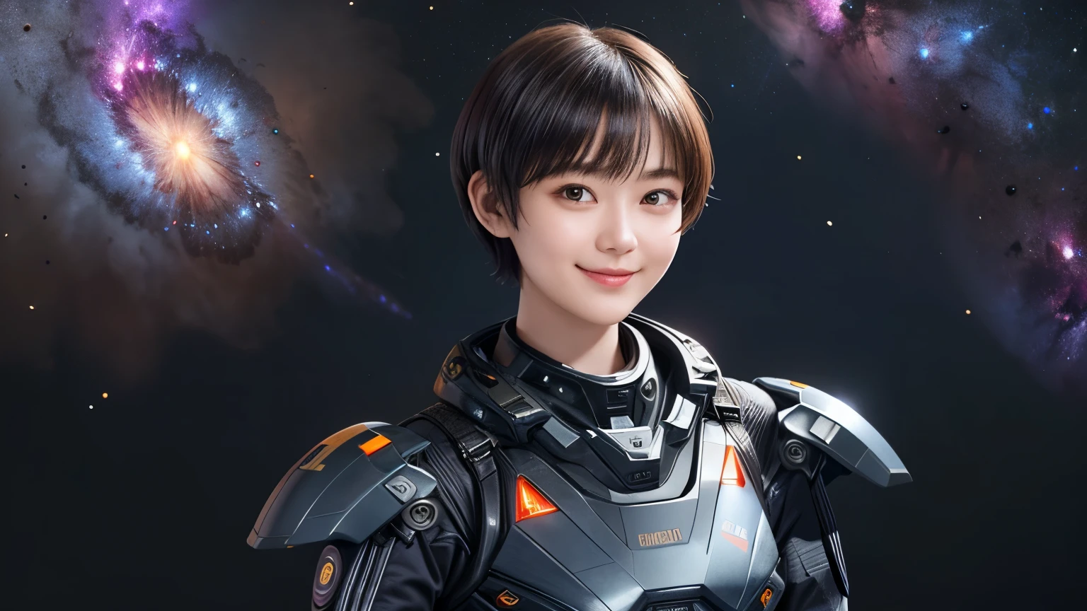 210 Short Hair, 20-year-old woman, Floral, A kind smile, Futuristic clothing, machinery suit, (The background is a galaxy and nebula), (Futuristic goggles)