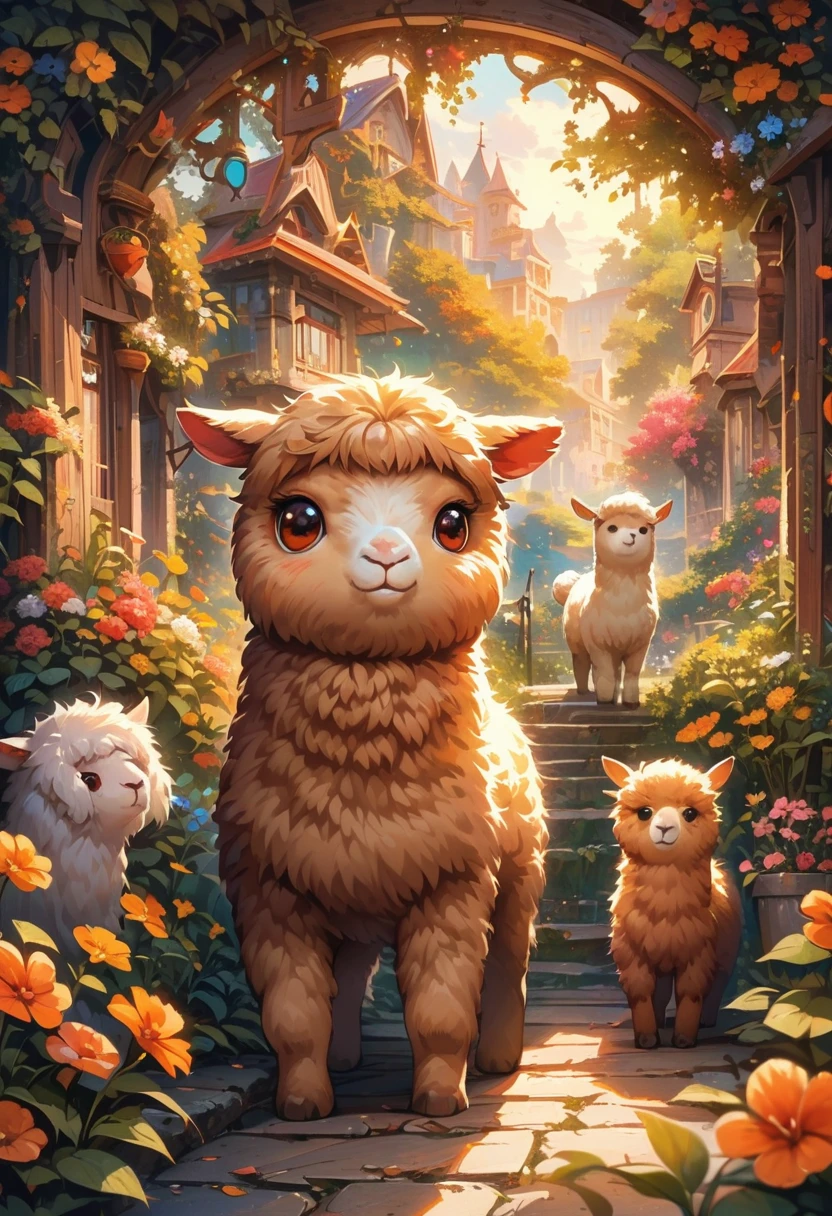 style, Vibrant colors, dreamy atmosphere, Layered composition, Intricate details, Warm rural background,(Brown Alpaca, Alpaca plush toy, Old Alpaca, Anthropomorphic alpacas, Fluffy,Solitary, big eyes,best quality,Super detailed,Reality), Soft texture, Comfortable atmosphere, peaceful garden background, Vibrant colors, Warm lighting