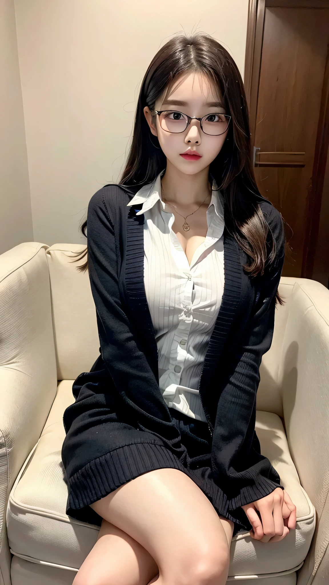 Best quality: 1.4, high resolution, perfect lighting, (1 girl), Korean, 20 years old, gal makeup, dark makeup, glasses, big breasts, cardigan, skirt, house, legs crossed