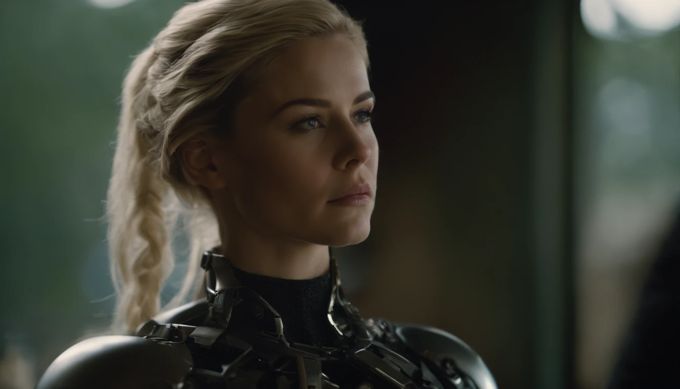 Eine Junge Frau, ca. 28 Jahre, Blond mit Side cut, Haare geflochten, Body from the neck down (Cyborg 1.2)