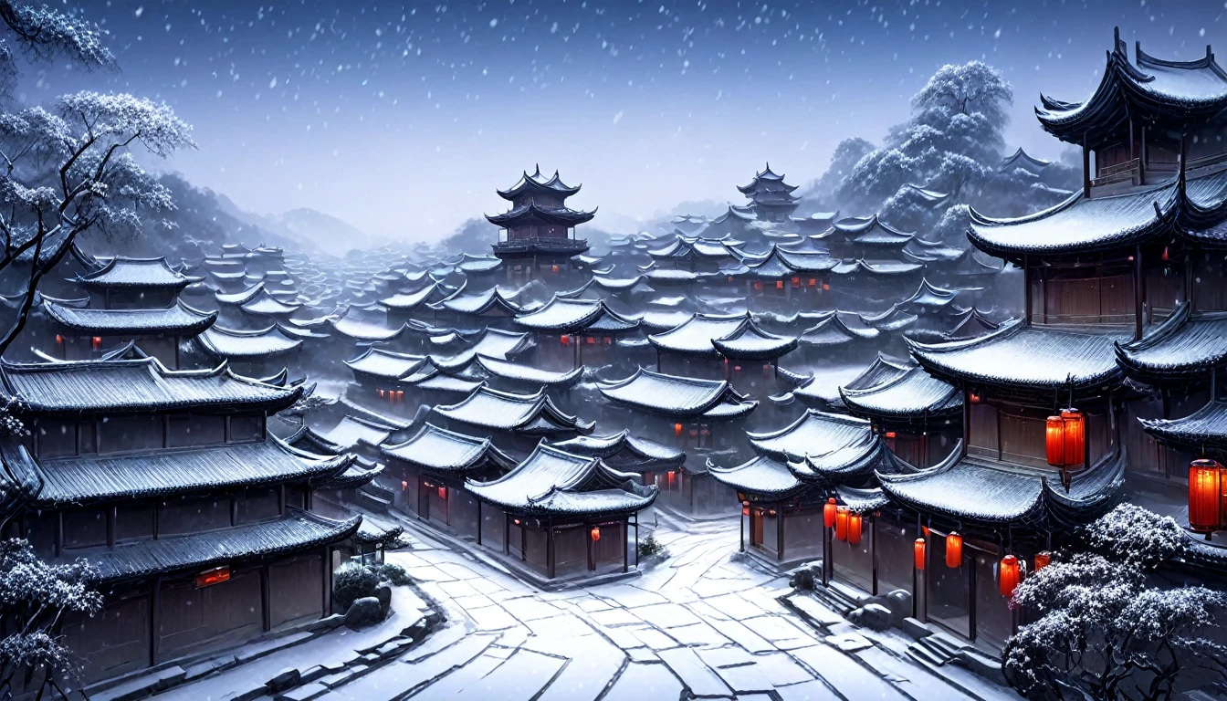 ancient china city, it's is snowing heavily, snowflakes in the sky, no human, winter background, snow covers roofs, evening