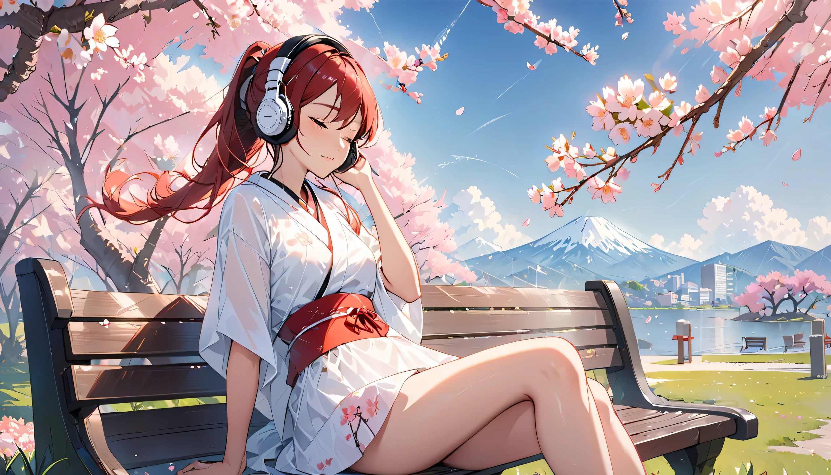 ((best quality)), ((masterpiece)), (detailed), perfect face, sitting under the cherry blossom tree, listening to music, One woman, wearing headphones, eyes closed, wearing underwear, underwear is transparent, sitting on a bench