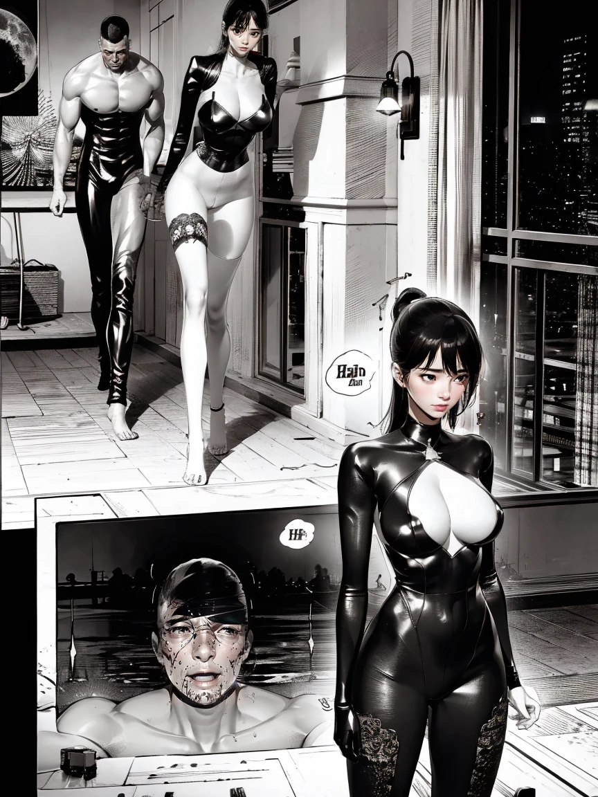 (masterpiece, best quality:1.2)，1girl，multiple men，realistic，3d，Unreal Engine 5，skin texture，anatomically correct, comic storyboard，solo,1beautiful girl, long hair,smile,barefoot,girl in lace top,sexy, girl in shiny legging, girl in high heels，cleavage,crossed legs,large breasts, naked male, standing ,trample，cuts,defloration,indoor,couple,femdom,hetero,saliva , mucus，femdom,blood on hands,blood splatter,male,open mouth,trembling, couch,sit,bruise man ,dark skin man, cum,bleeding man，man in tight underpants