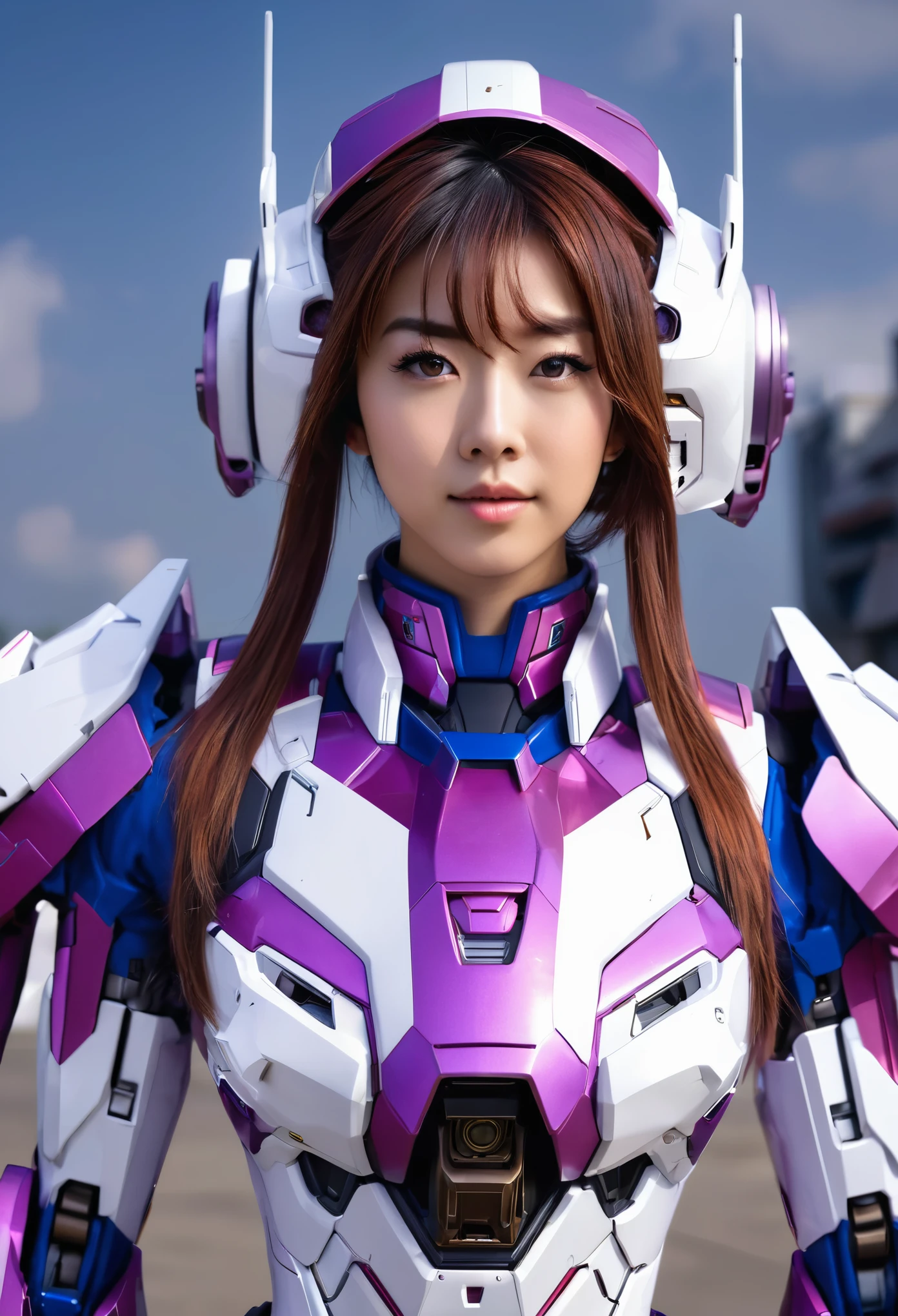 RAW, Masterpiece, Ultra Fine Photo,, Best Quality, Ultra High Resolution, Photorealistic, Sunlight, Full Body Portrait, Stunningly Beautiful,, Dynamic Poses, Delicate Face, Vibrant Eyes, a full body of a woman in a purple and white gundam custume, dybamic pose, long brown very very long hair rapunzel, girl in mecha cyber armor, portrait armored astronaut girl, d. va from overwatch, female mecha, on a gundam, gundam head, chiho aoshima color scheme, mobile suit, streamlined purple armor, fully robotic!! girl, realistic cosplay, gundam armor , full body, sit down, full body