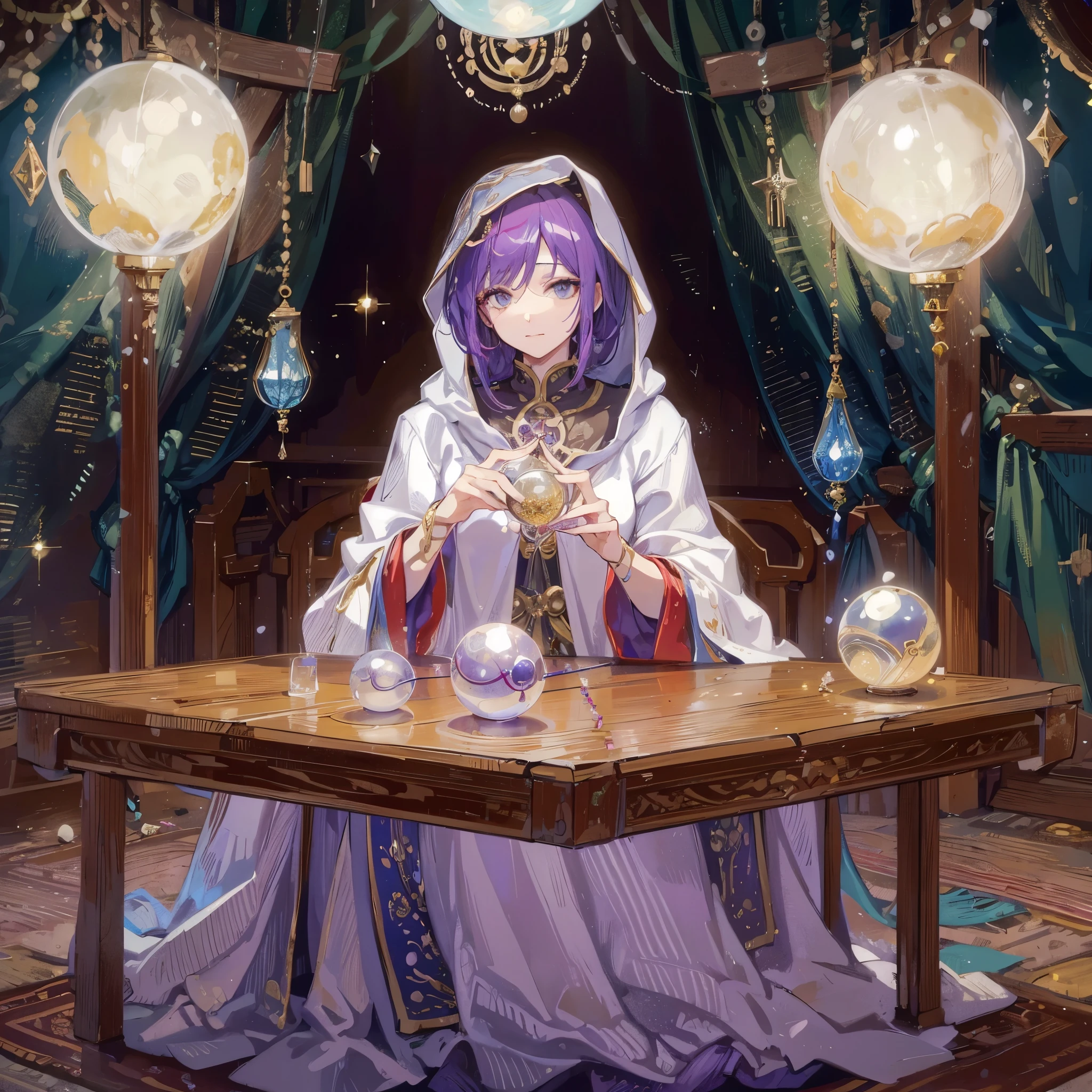 A mature and sexy middle-aged woman,Wearing a cloak,Sitting at a small table,There are crystal balls on the table,Woman fortune telling。Medium shot composition,Full body pictures,color,Anime illustration style,HD,4K。