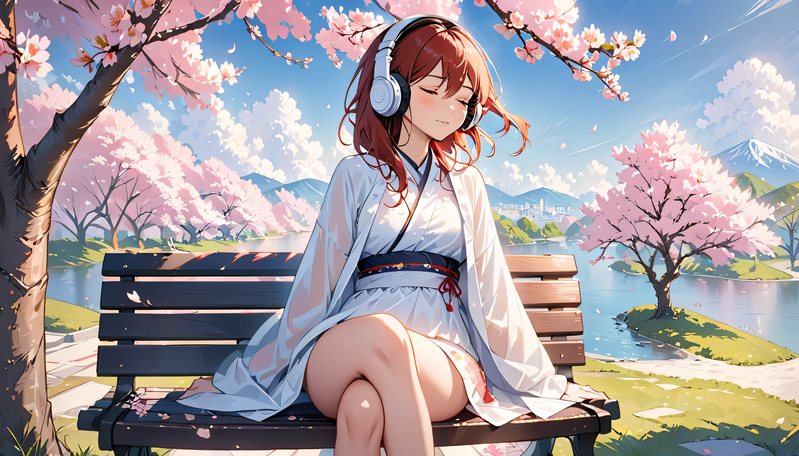 ((best quality)), ((masterpiece)), (detailed), perfect face, sitting under the cherry blossom tree, listening to music, One woman, wearing headphones, eyes closed, wearing underwear, underwear is transparent, sitting on a bench