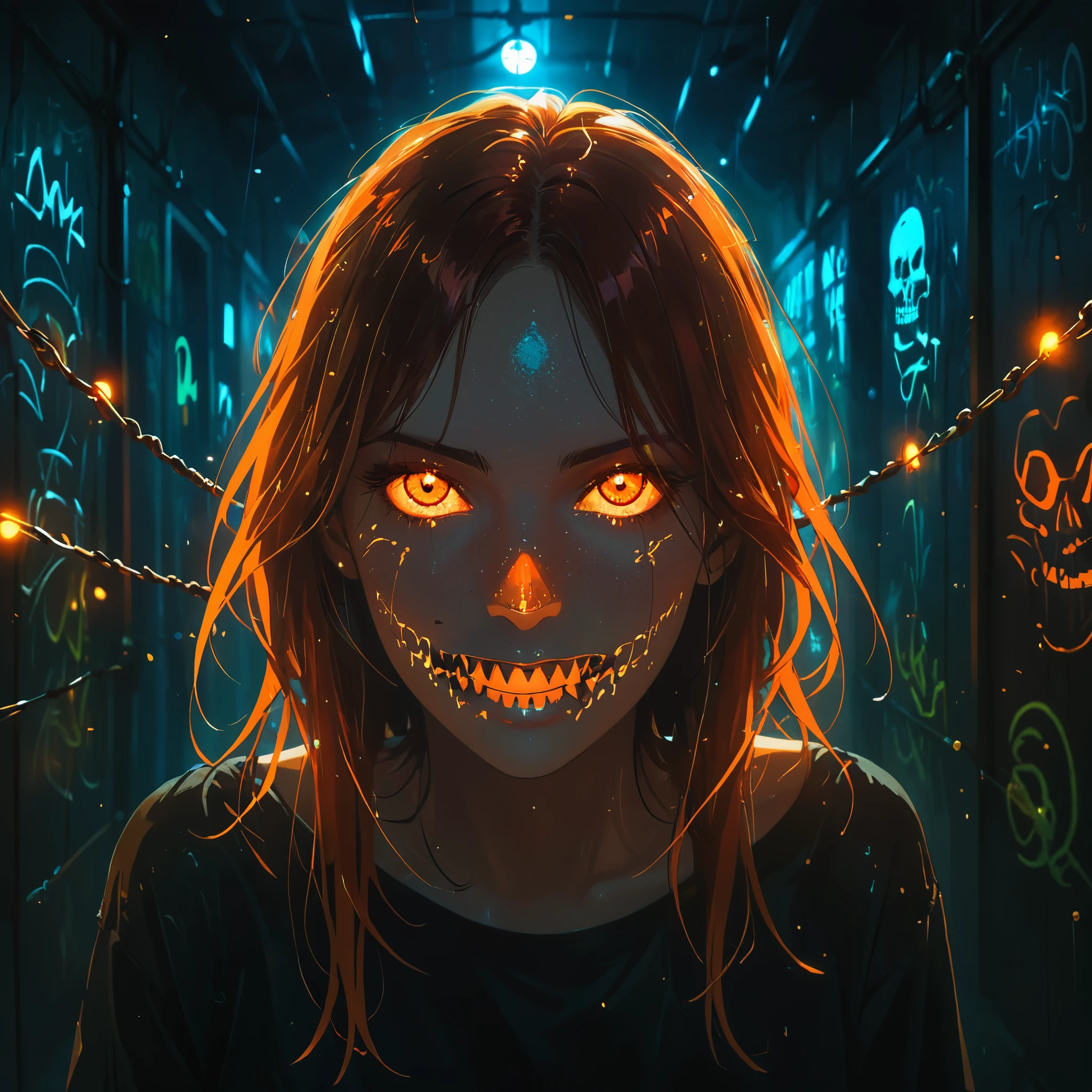 (Portrait of a mysterious giant eye), interior, fluorescent lighting, (((Darkness shrouded,Black background,shadow, extreme darkness,dark atmosphere))), wall background, (Fluorescent orange skull pattern graffiti:1.8), 1 girl, Black oversized t-shirt, big chest, T-shirt without waist, fluorescent orange hair, Fluorescent orange eyes, by the wide, messy hair, Low-rise denim shorts, orange eye shadow, (vanishing Point, Covered vines in the foreground), smile, open the mouth, evil face, Finger on trigger, Shark teeth, dark and edgy, surreal elements, Expressive brushstrokes, dynamic composition, extreme detailed description, chain, Barbed wire, wooden stake, (red moonlight), Heavy Rain, silhouette, cowboy shot, depth of field, cubist futurism, cinematic lighting, Motion blur, Optical illusion, HD, retina, masterpiece, necessary, High details, high quality, Best Quality