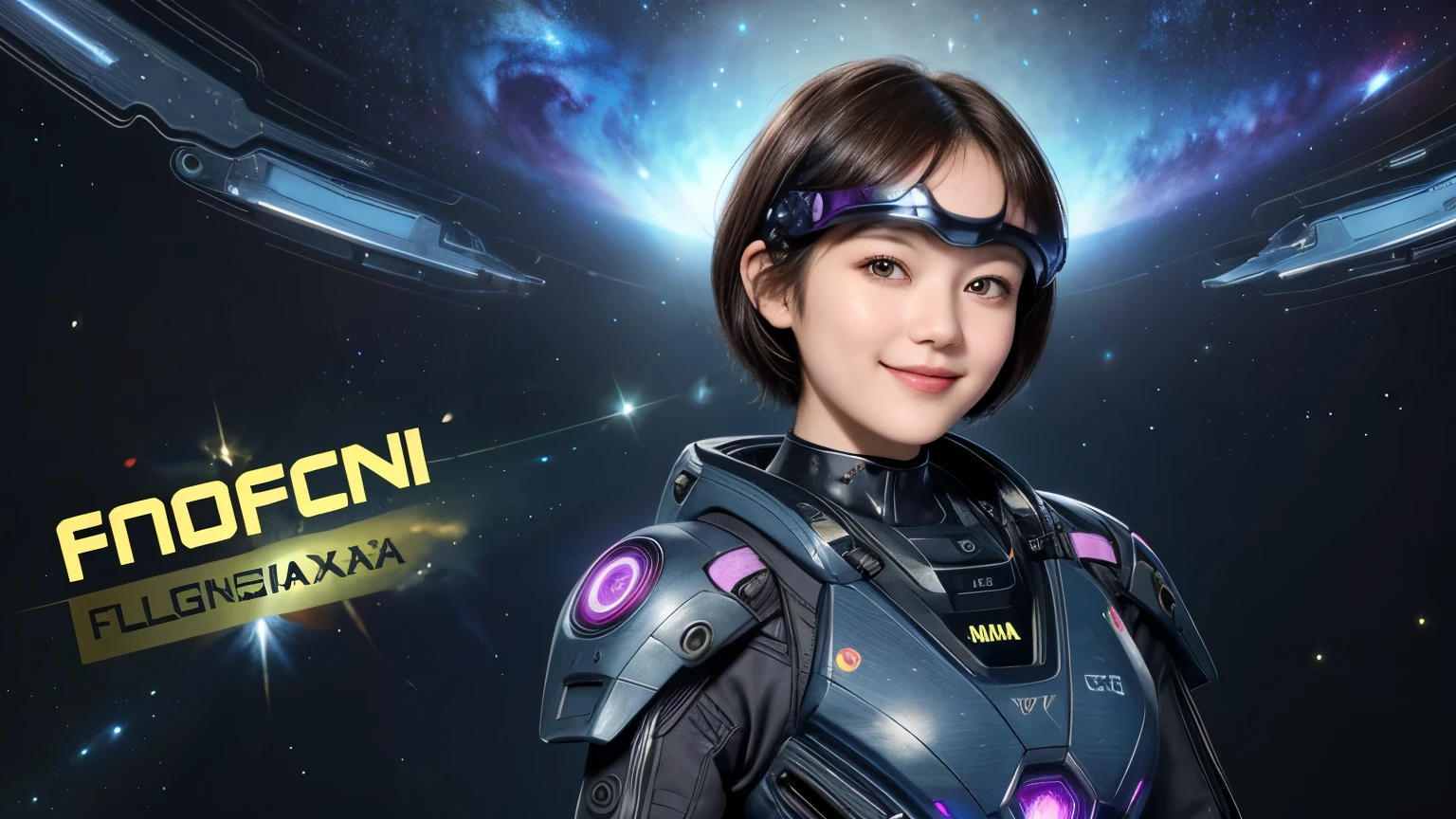 210 Short Hair, 20-year-old woman, Floral, A kind smile, Futuristic clothing, machinery suit, (The background is a galaxy and nebula), (Futuristic goggles)