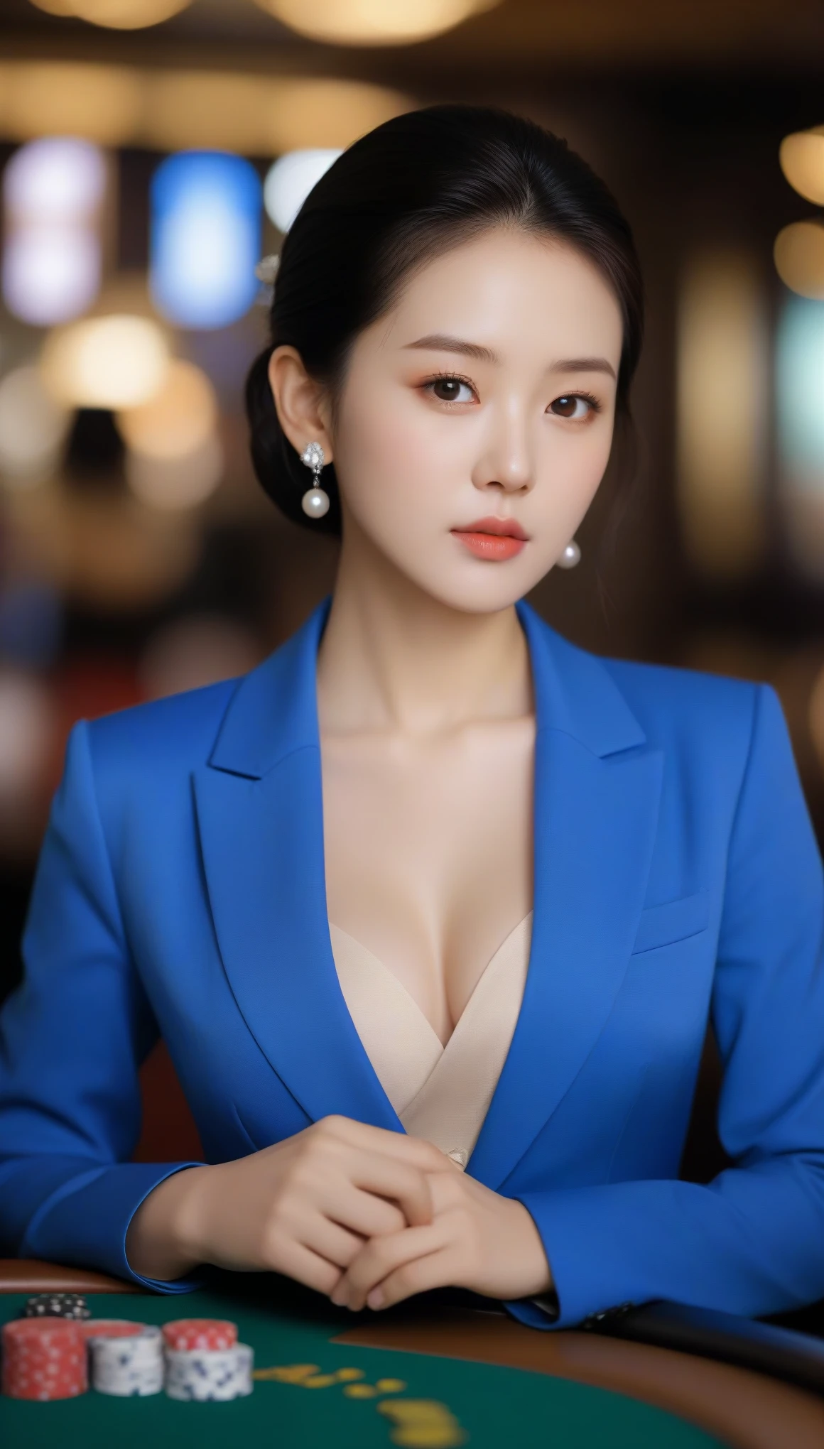 masterpiece,best quality, (1 milf), ((portrait:1.5)), makeup, glossy blue blazer, elegant black shirt, contrapposto, ((seduction expression)),