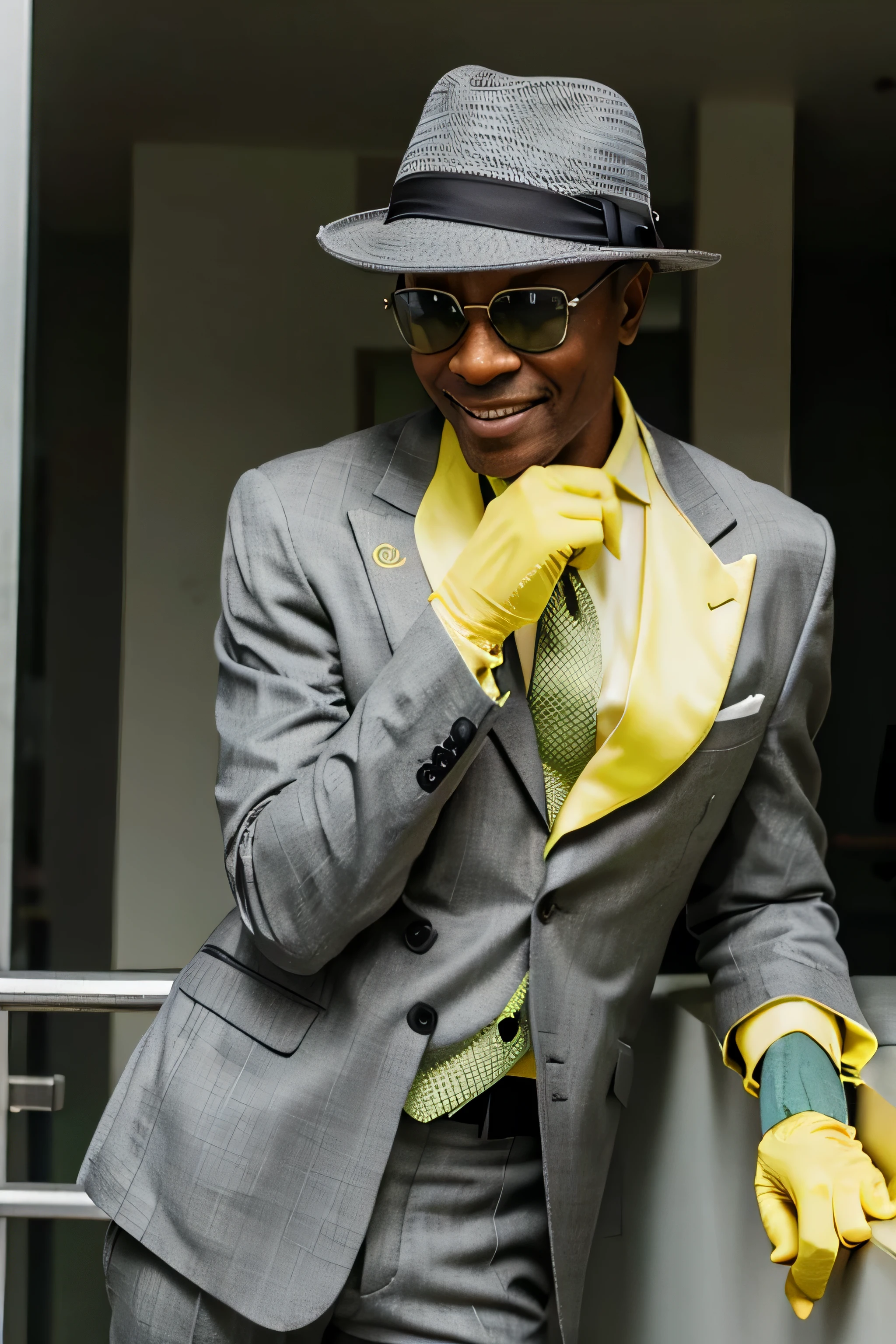 slim, old black man, smiling, in grey suit, lime green fedora and yellow gloves, standing lazy cool pose