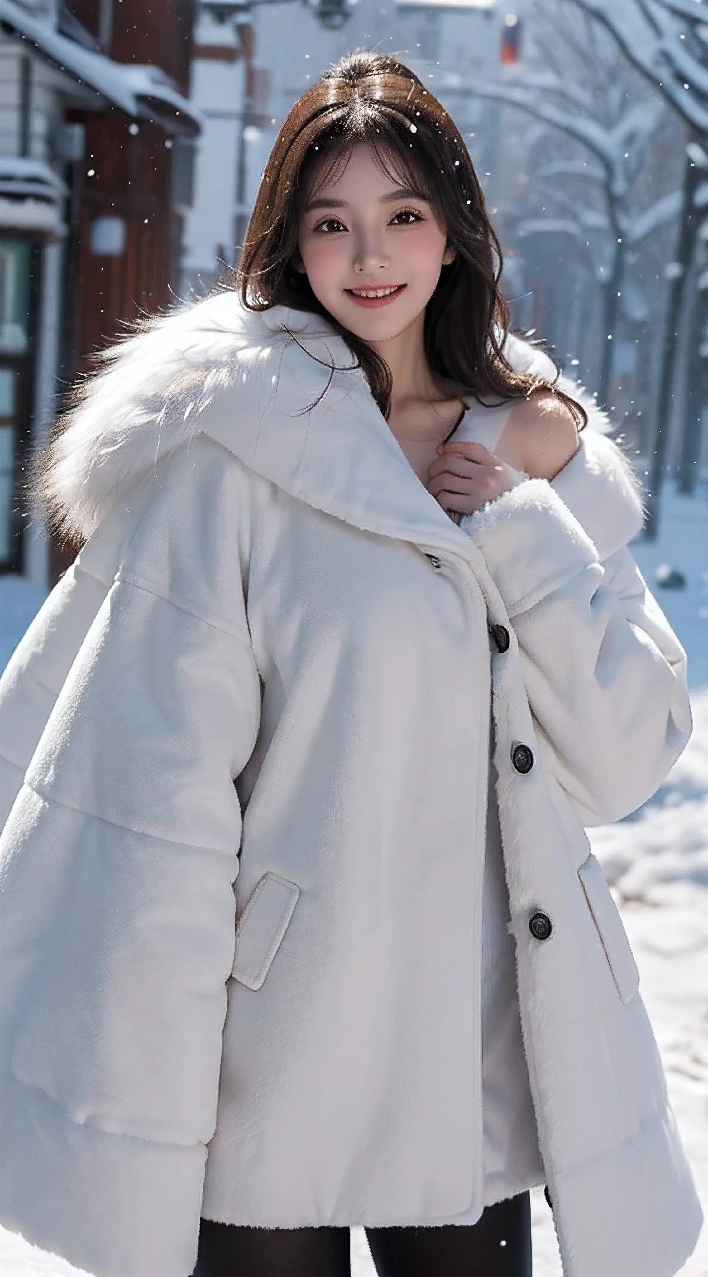 The girl covered her chest with both hands, Strategically cover your chest,big Boob，Cover your chest with your fingers，Bare shoulders，Outside，Heavy snowfall，Thick fur cape，Cover with snow、Simple costumes、feater、Coat with fur、fur-coat、barechested、Pubic hair shows through、a smile