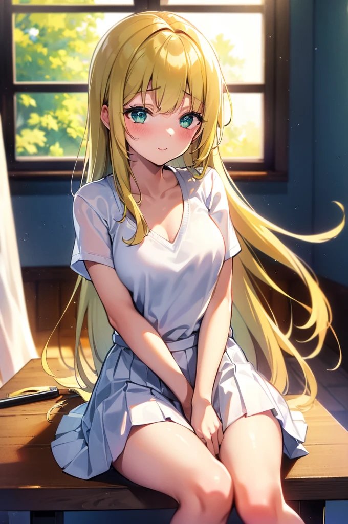 ((masterpiece,highest quality, High resolution)), One girl, alone, Green Eyes, Long blonde hair tied with a blue ribbon, Blunt bangs, Sitting, Arms folded on the table, Sleep arm in arm, , white serafuku, red sailor collar, Short sleeve, White pleated skirt, (In the library), dramatic light, next to the window, afternoon light through the window, afternoon, Bokeh effect