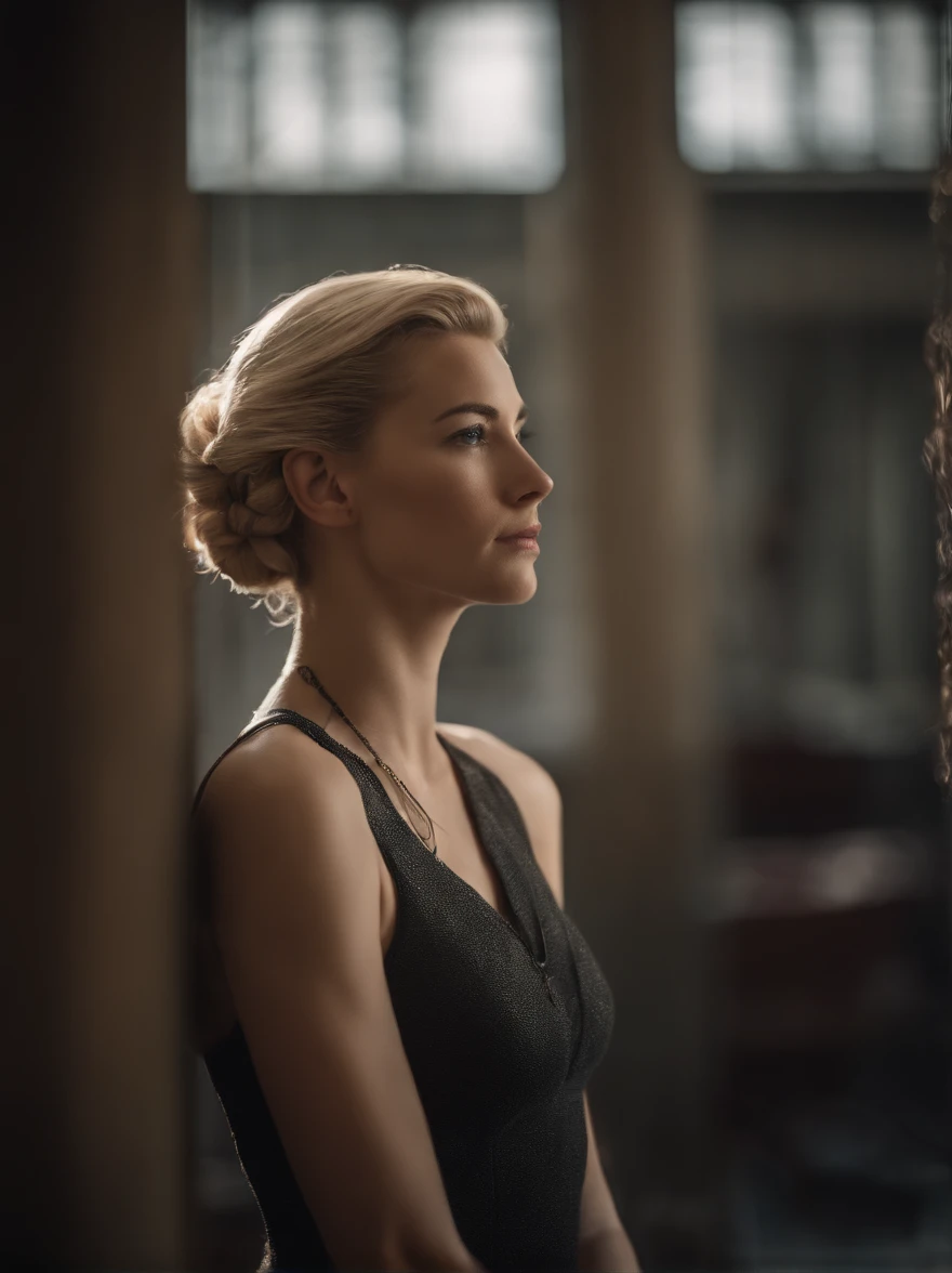 Eine Junge Frau, ca. 28 Jahre, Blond mit Side cut, Haare geflochten, Body from the neck down (Cyborg 1.2)
