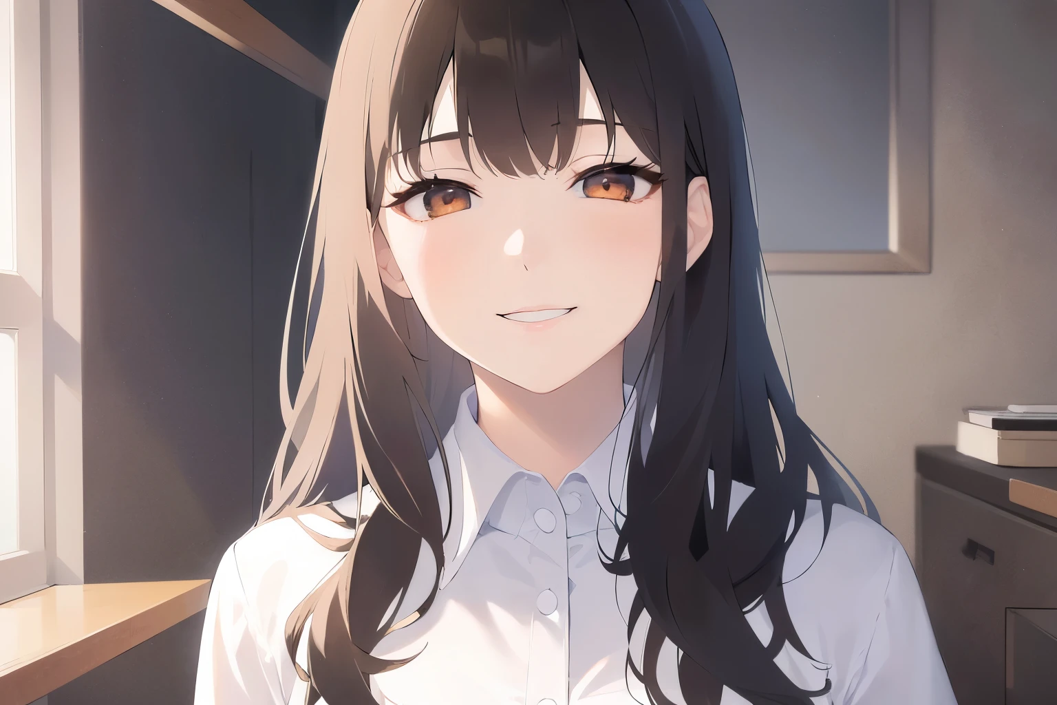 Upper Body, Realistic, real person, (pale skin: 1.2), RAW photo, photorealistic, portrait photography, shiny skin, shiny hair、(25 year old woman with medium hair with bangs) and (wavy hair) and (brown hair) and (orange eyes), (closed eyes:1.5), (Wearing a white collared shirt)、(smile:1.5), The background is the office、Alone、Are standing、