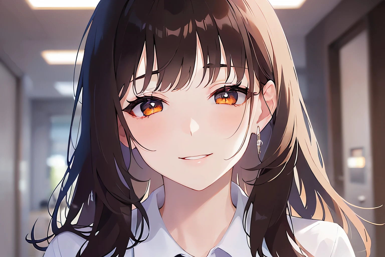 Upper Body, Realistic, real person, (pale skin: 1.2), RAW photo, photorealistic, portrait photography, shiny skin, shiny hair、(25 year old woman with medium hair with bangs) and (wavy hair) and (brown hair) and (orange eyes), (closed eyes:1.5), (Wearing a white collared shirt)、(smile:1.5), The background is the office、Alone、Are standing、