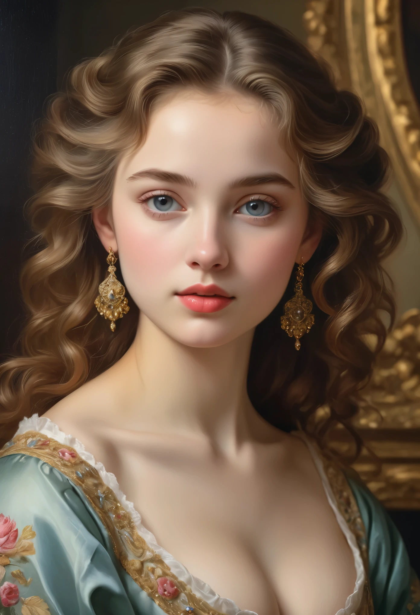 (best quality,4k,8k,highres,masterpiece:1.2),ultra-detailed,(realistic,photorealistic,photo-realistic:1.37),nude portrait,painting,pastels,personalized masterpiece,18th century,Russian,aristocratic,girl,noble daughter,14 years old,extremely beautiful,face,expressive eyes,delicate nose, luscious lips, porcelain skin, rosy cheeks, flowing curls, beautiful nipples, stately posture, beautiful nude, fine jewelry, grand background, opulent interior, faint golden light