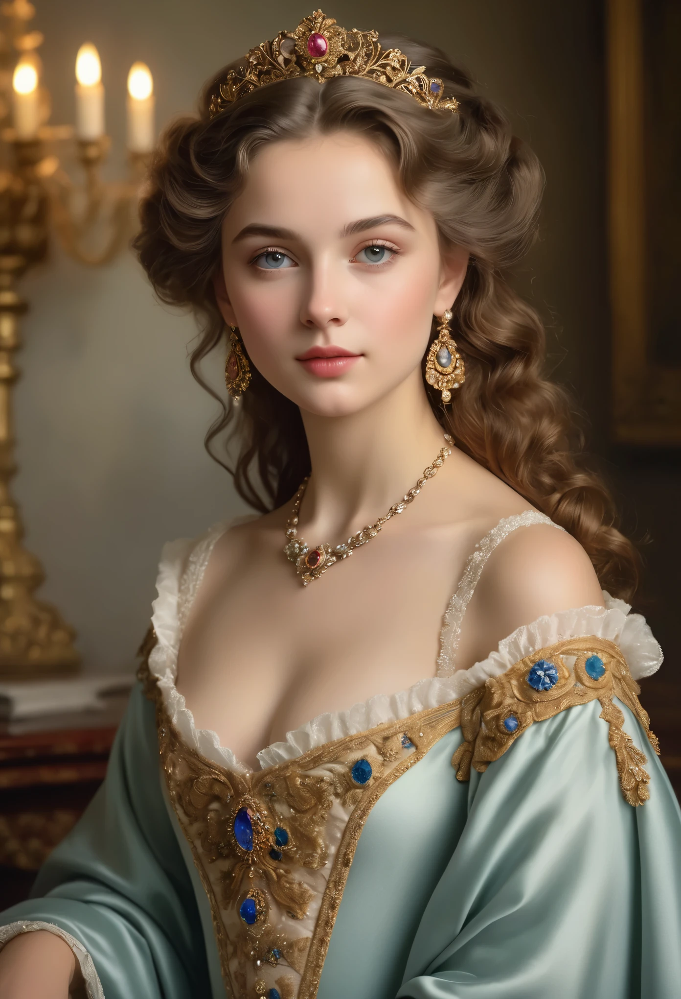 (best quality,4k,8k,highres,masterpiece:1.2),ultra-detailed,(realistic,photorealistic,photo-realistic:1.37),nude portrait,painting,pastels,personalized masterpiece,18th century,Russian,aristocratic,girl,noble daughter,,extremely beautiful,face,expressive eyes,delicate nose, luscious lips, porcelain skin, rosy cheeks, flowing curls, beautiful nipples, stately posture, beautiful nude, fine jewelry, grand background, opulent interior, faint golden light