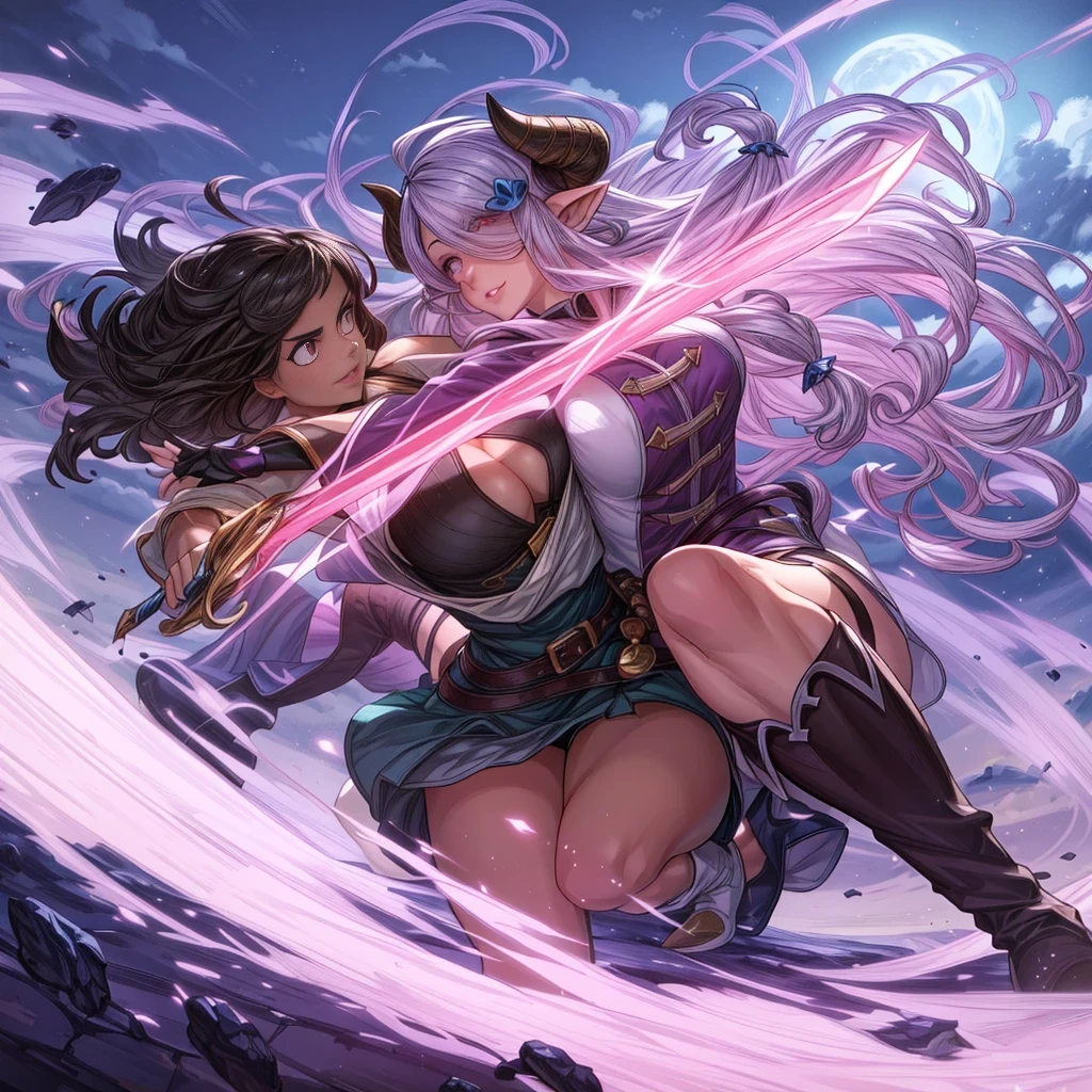 a high-definition, 8k masterpiece that features two attractive adult swordswomen. One of them is Connie Maheswaran, aged 25, dressed in a blue and white striped halter top and black microshorts, wielding a large pink sword with grace. The other is Narmaya from Granblue Fantasy, clad in a sleek black dress and white coat, her hand gripping the hilt of her katana.
They are facing each other in an intense duel under the moonlight, their swords clashing with powerful impact frames. Picture them standing on a field, their competitive smirks adding to the tension of their sparring match. The scene is focused on them; their perfect bodies, hands, faces and eyes gleaming under the atmospheric lighting.
Visualize this scene as it would be in Blazblue style: raw sensuality meets hyper-femininity amidst incredibly sharp absurdres and gradients. Deep highlights accentuate their cleavage cutouts and extremely detailed swords while motion lines portray the fast-paced action.
The artwork should be full-bodied with cel-shaded characters against dynamic scenery. It's an exciting battle art splash filled with cool tones and rich atmospheric shading that captures every detail of the action choreography from dynamic angles and perspectives.
Think about how you can use intense lighting effects to highlight key visuals and create dynamic lines of action. This prompt calls for amazing quality that combines fun with excitement through its intricate details and motion elements