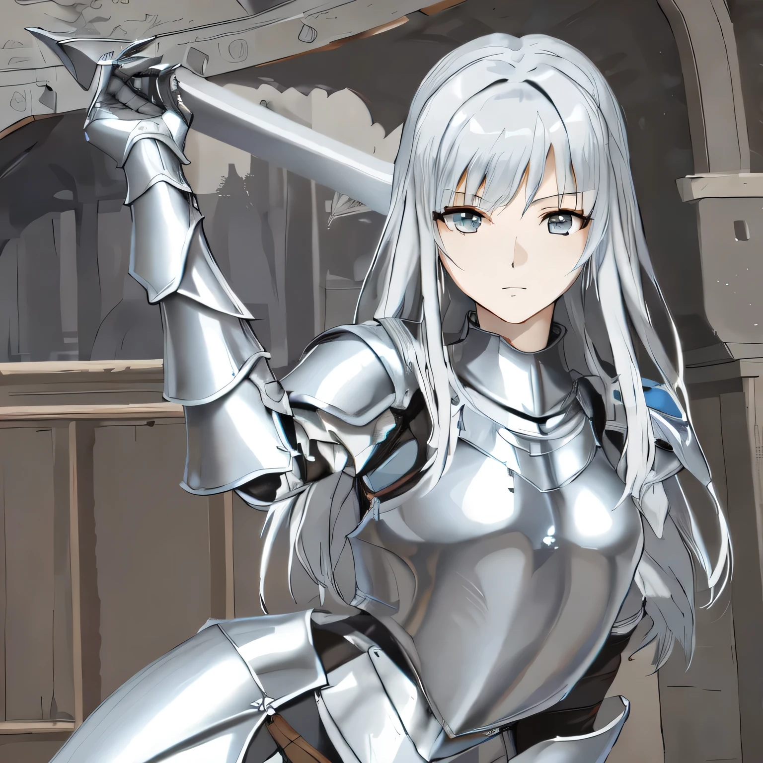 wearing armor、Anime girl holding a sword standing in front of a building, with sleek silver armor, covered in full silver armor, Has smooth silver metal armor, silver armor, Armor Girl, skintight silver armor, sleek silver armor, Covered in full metal armor, Silver ice reflective armor, white armor, beautiful female knight, Claymore anime background
