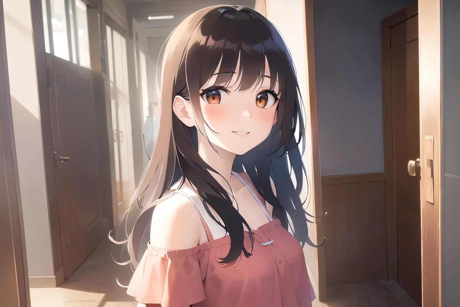 looking up, Upper Body, Realistic, real person, (pale skin: 1.2), RAW photo, photorealistic, portrait photography, shiny skin, shiny hair、(25 year old woman with medium hair with bangs) and (wavy hair) and (brown hair) and (orange eyes), (orange) and (Off-the-shoulder blouse)、(smile, blush:1.5), The background is the corridor of an apartment building、Alone、Are standing、
