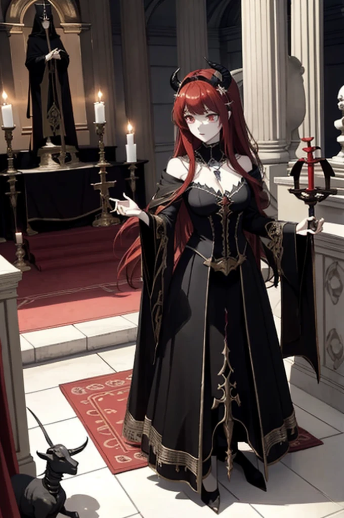 ((highest quality)), ((masterpiece)), (be familiar with), Perfect Face、The Enchanting Body of Celica（FE）、Red hair、The perfect proportions、semi-long、necklace、Bangles、Caster wheel、Circlet、Luxury Accessories、first round、Fallen into evil、、Blank look、Engagement Rings、Hollow Eyes、Ritual of Summoning Demons、Dark Room、Red magic circle on the floor、、大量のSkeleton Candelabraと蝋燭、darkness、Black sheets、Devil's Altar、Suspicious rituals、A large number of skull objects、Big magic circle on the floor、Skeleton Candelabra、Luxury Jewelry、Be baptized by the devil、Skeleton Crown、black large gemstone pendant、empty eyes、Apathy、Expressionless、Black priestly uniform、devil&#39;s priest、believer in demons、dark priest、Black religious clothing、Richly decorated priestly vestments、Black clothes、Black Veil、Devil's Ornaments、Devil&#39;s Accessories、Temple of the Devil、Standing in front of the altar、Open your arms、Big devil statue、Black interior、Pray to the devil statue、Goat-headed devil statue、Baphomet Statue