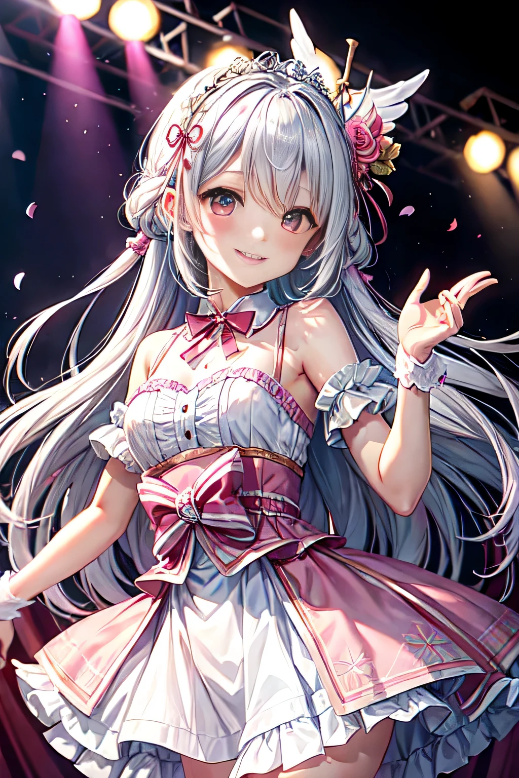 highest quality、Cinema Lighting、idle girl、Fancy pink dresini skirt、Angel'wing、smile、Pink floral headdress、on stage、white hair、Light red eyes、