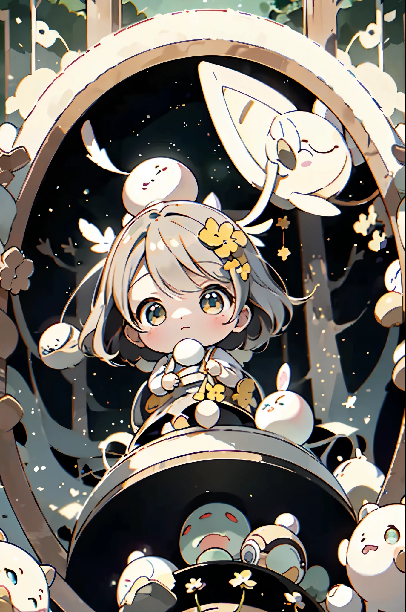 ()Please express the contents inside as a chibi girl.(Paper cutting art、forest、ball)