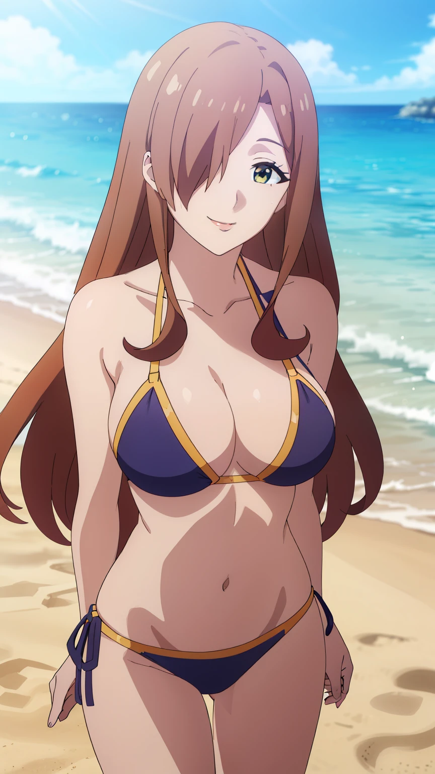 (best quality,8k,highres,masterpiece:1.2),ultra-detailed, anime art style,1girl,hair above one eye, beautiful eyes, extremely detailed face, detailed CG, beach, bikini, smiling, glowing skin, stunning pose, stunning angle, looking at the viewer, into the camera, centered in the image, cowboy shot