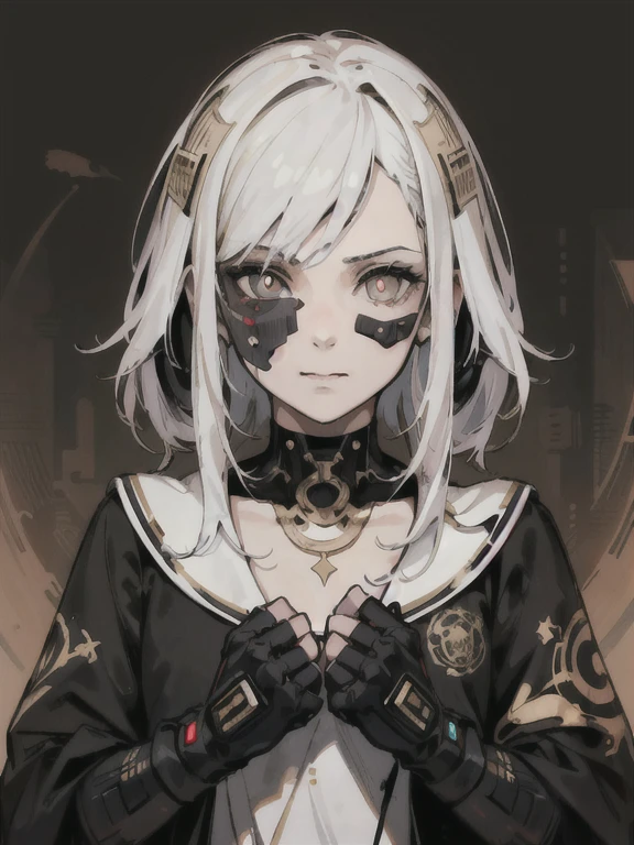(High resolution), (Ultra delicate), (clear), Realistic,((A girl with white hair and gold inner color)).((cyber punk)),face,Skin realism、A fusion of Japanese style and the near future、Black pupil、Astrology