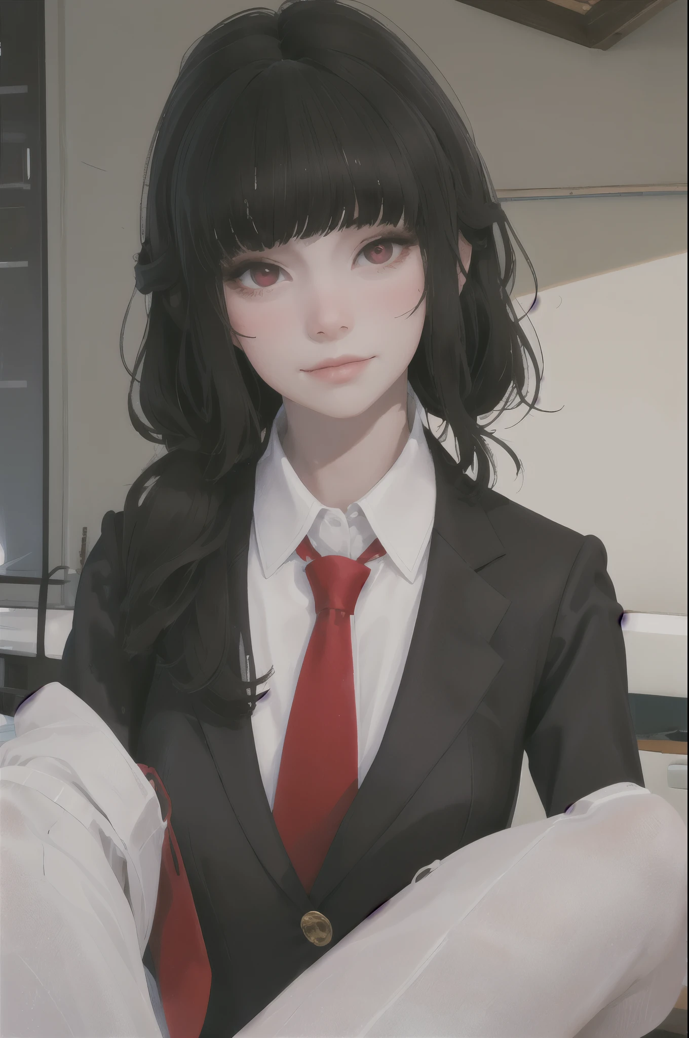 masterpiece, highly detailed, best quality, 1girl, solo, Luna, black hair, red eyes, blunt bangs, red tie, blazer, smile, naughty 