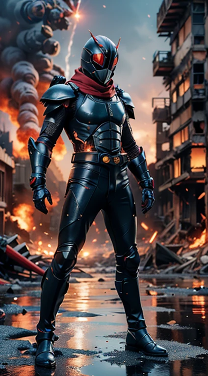 (kamen rider, (standing), kamen, full body detailed, detailed hands, good fingers, good hands, good legs, red scarf, low hood, ((epic burning city)), ruins, floating, explosion, debris, some fire and glitter background, ultra hd, ultra realistic texture, (flare lens:1.2), (long shot:0.9), (blue armor:1.3), rider belt