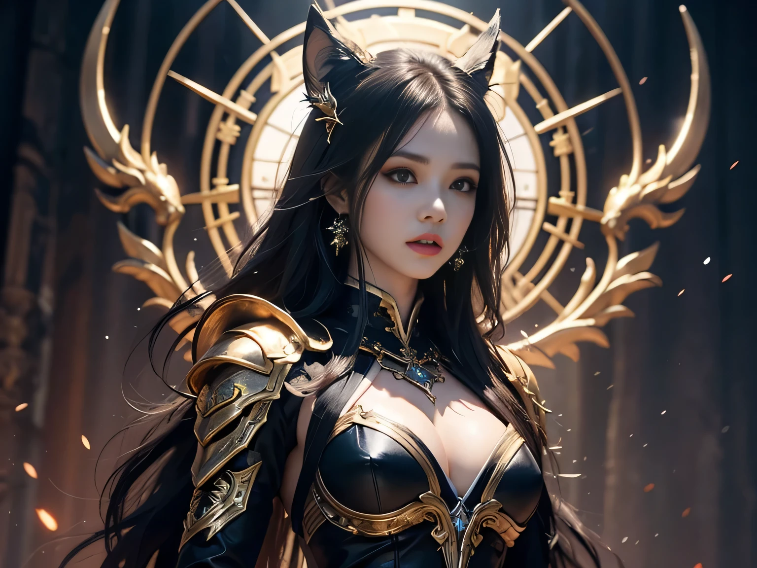 there is a woman in a black dress holding a silver object, blade and soul, 8 k character details, as a mystical valkyrie, lineage 2 revolution style, aion, inspired by Pu Hua, extremely detailed goddess shot, mechanized valkyrie girl, from ncsoft, mystical anubis valkyrie, wearing golden cat armor, <mmorpgs scene
