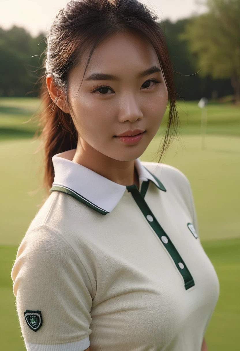 1 girl, asian, ethereal beautiful, beautiful girl,slim, real skin tone, soft light, masterpiece, best quality, photo-realistic, high resolution, detailed skin, 8k uhd, soft lighting, high quality, film grain, (topless golf uniform), soft hairy pussy, golf club
