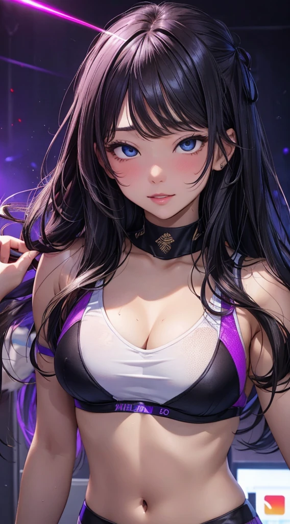 最high quality、Best image quality、masterpiece、With a girl((cute、18-year-old、Best Bust、Medium Bust、Bust 85,Beautiful Blue Eyes、Spread your chest wide,Long black hair、Slender、The middle knot、Black sports bra、White short skirt,Show the whole body、Black perforated gloves、kick,sweating、Combat pose)）high quality、Beautiful art、background((club house、blue lighting、Purple laser illumination、Red laser illumination,Yellow laser lighting,Fitness Club、night、Virtual world)),Tabletop、Exquisite design、Visual Arts、Depth of written boundary、Best lighting、Highest detail、8ｋ,very delicate