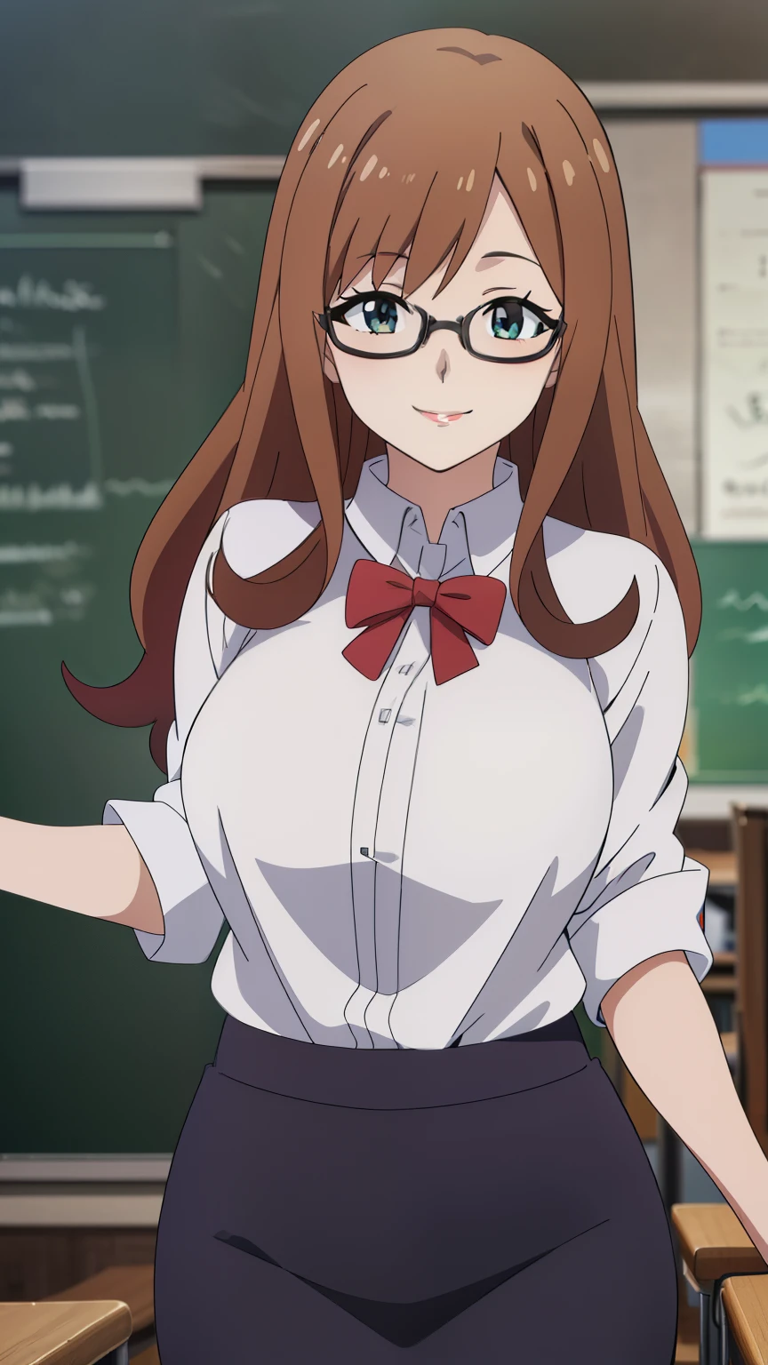 (best quality,8k,highres,masterpiece:1.2),ultra-detailed, anime art style,1girl, beautiful eyes, extremely detailed face, detailed CG, White shirt, tight skirt, glasses, classroom, smiling, glowing skin, stunning pose, stunning angle, looking at the viewer, into the camera, centered in the image, cowboy shot