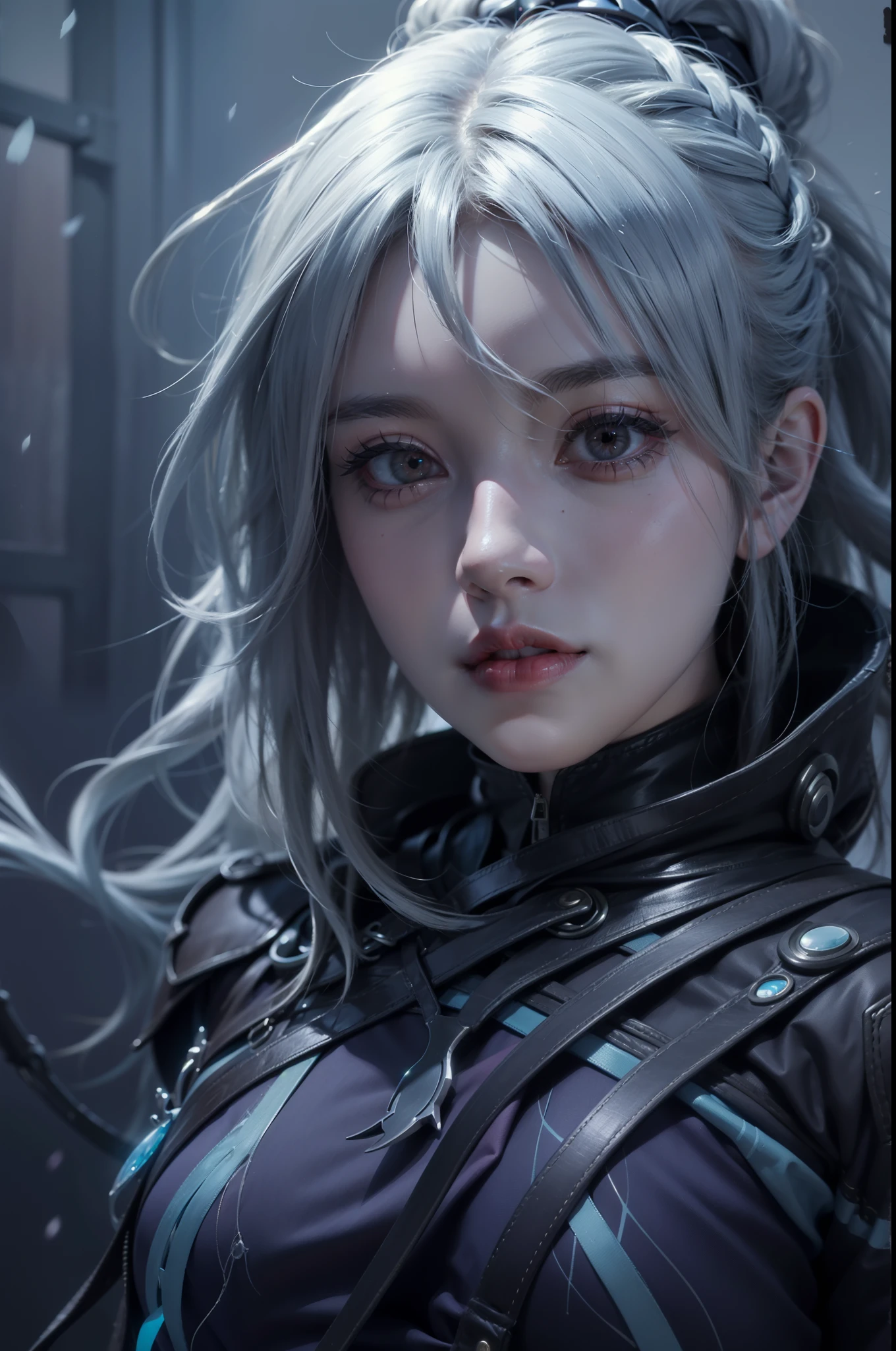 35 year old girl, ultra realistic, high res, highly detail, masterpiece, best quality, looking at viewer, Drow Ranger of Dota 2, fair skin, glowing red eye, straight hair