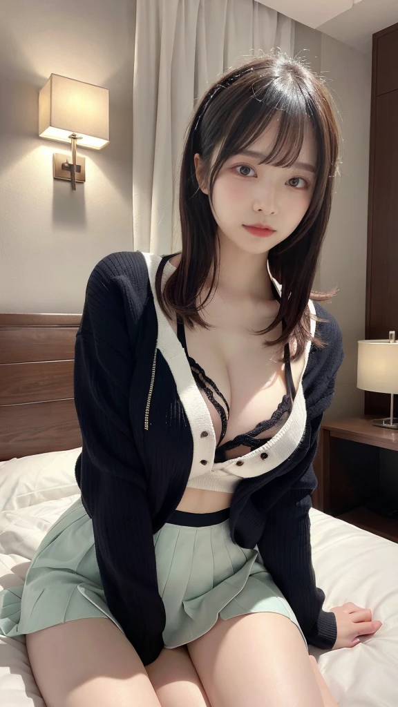muste piece, best quality, illustration, Super detailed, fine details, High resolution, 8K,wall paper, perfect dynamic composition,(Details High quality, realistic depiction of eyes:1.3), down jacket, pleated skirt, big breasts, short bob hair、black hair color, Big Natural Color Lip, bold sexy pose, crying a little、cold gaze, Harajuku style、20 year old girl、cute type、ta、beautiful legs, hotel room, gravure idol, Voluptuous thighs