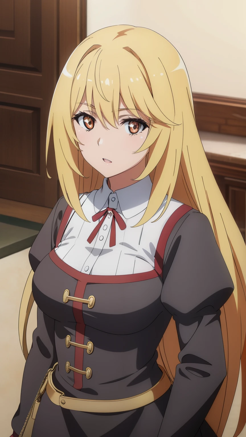 (highest quality, High resolution, 8k, masterpiece: 1.2), Very detailed, Anime art style, Misao Shokuhou, blonde, Long Hair, Large and medium breasts, Gothic Dress,black dress,makeup,Natural Lip , looking at the camera, Stylish pose, stylish angle, The staring camera focuses on the center of the image,