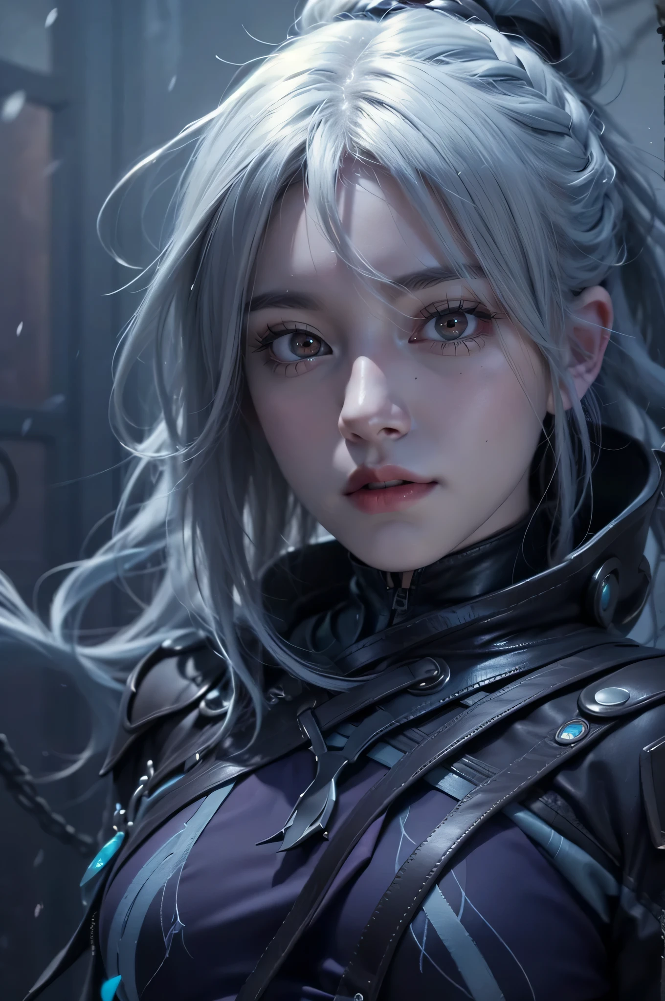 35 year old girl, ultra realistic, high res, highly detail, masterpiece, best quality, looking at viewer, Drow Ranger of Dota 2, fair skin, glowing red eye, straight hair