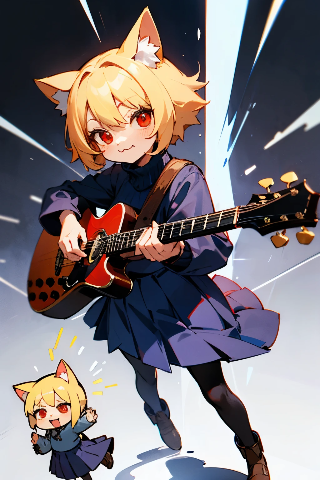 necoarc, slit pupils, cat ears, blonde hair, red eyes, chibi, :3, turtleneck, blue skirt, pleated skirt, pantyhose, brown footwear, turtleneck, purple skirt, pantyhose, classic guitar in hands