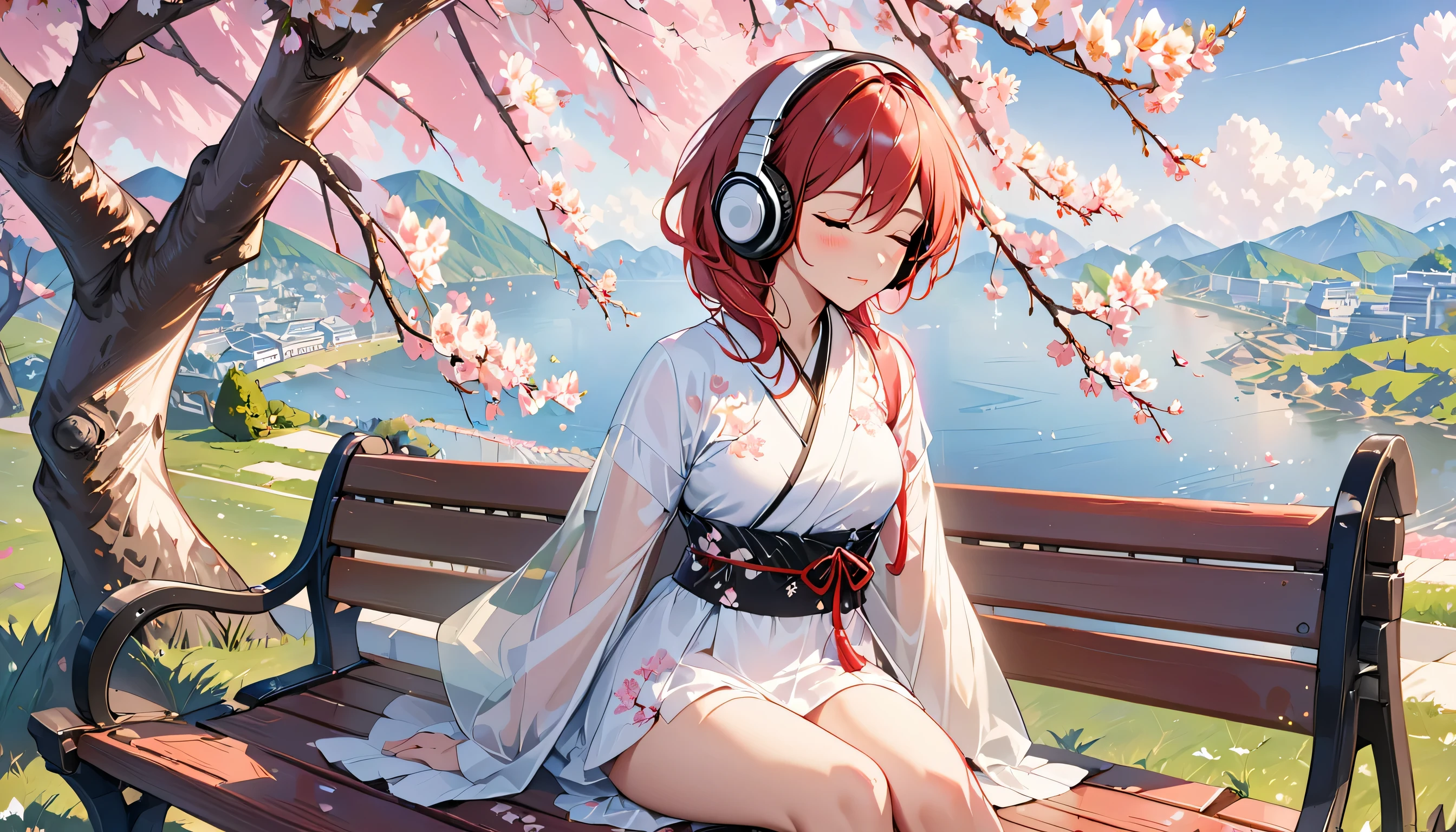 ((best quality)), ((masterpiece)), (detailed), perfect face, sitting under the cherry blossom tree, listening to music, One woman, wearing headphones, eyes closed, wearing underwear, underwear is transparent, sitting on a bench