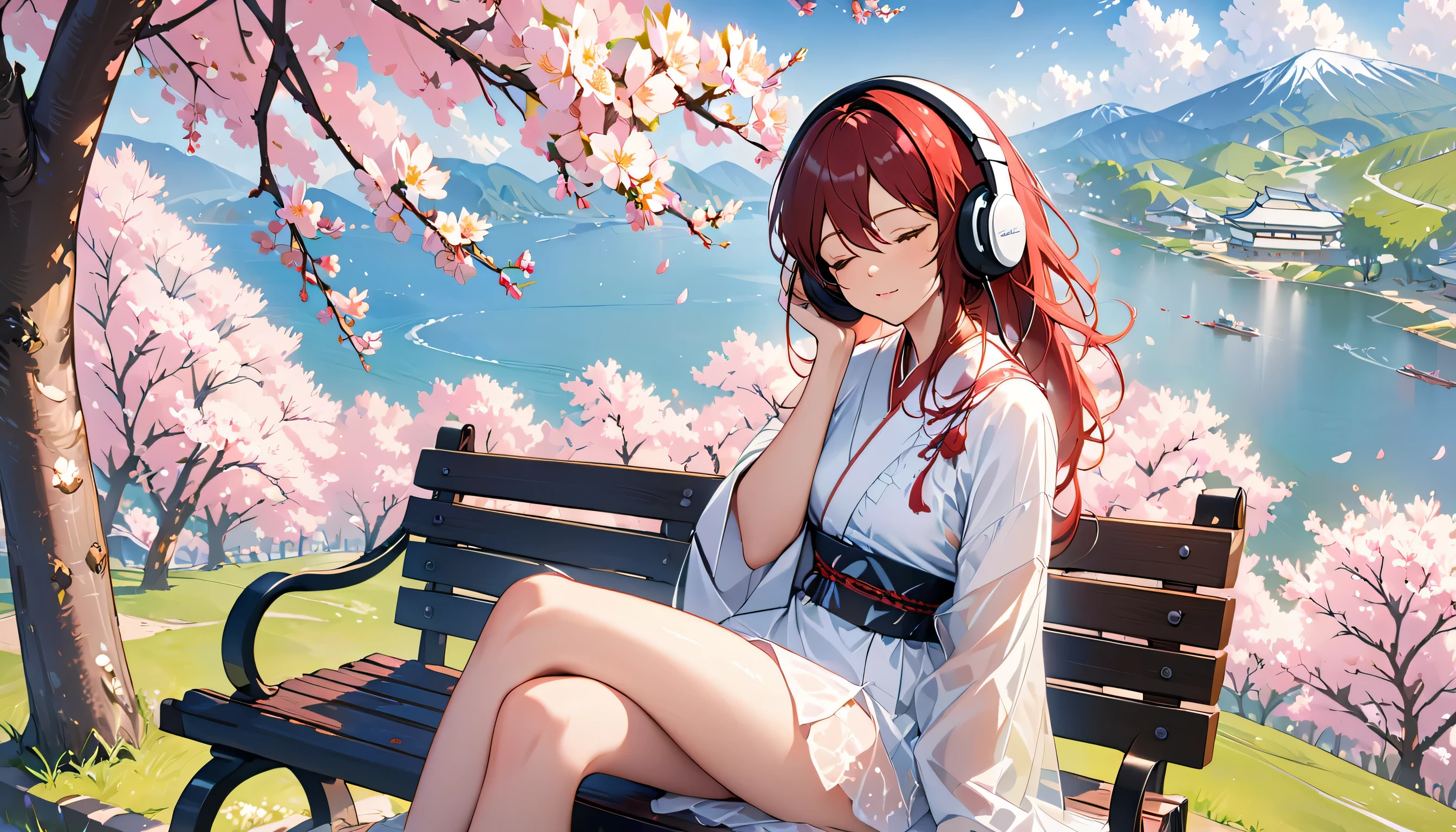 ((best quality)), ((masterpiece)), (detailed), perfect face, sitting under the cherry blossom tree, listening to music, One woman, wearing headphones, eyes closed, wearing underwear, underwear is transparent, sitting on a bench