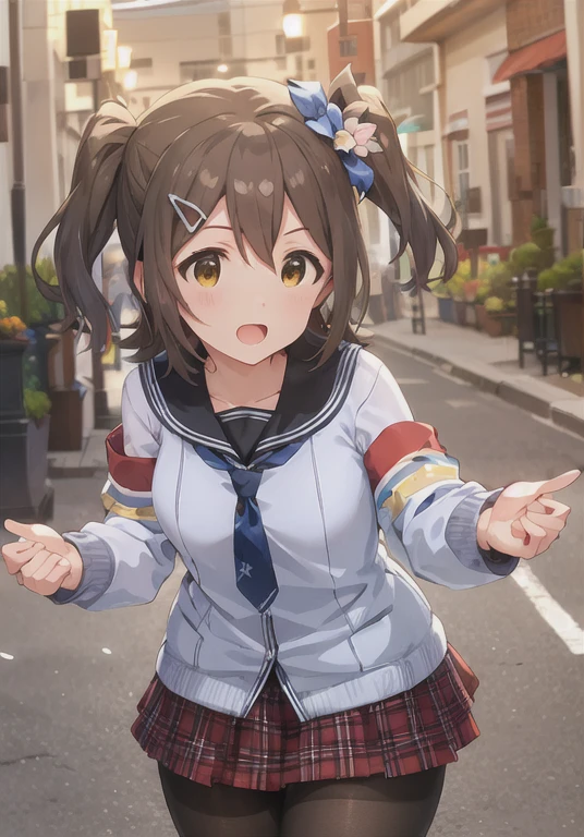 Mirai Kasuga (A million people live), (highest quality, 8k, masterpiece, Super detailed:1.2), (Lens flare, Particles of light, Shine), Depth of written boundary,
Day, 斑点模様のDay光,
One girl, alone, (Winter clothes:1.2), Puffy sleevesLong sleeves, Black Pantyhose, , Blue sweater, tie, Hair Flowers, Hair Clip, Pleated skirt, Layered sleeves, Layered sleeves, Plaid, Plump, curvy,Thick thighs