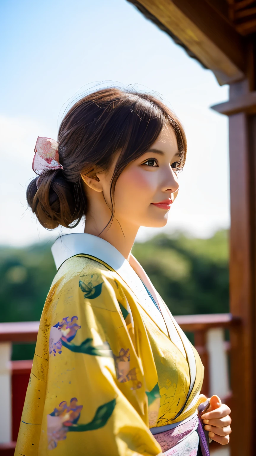 highest quality, 8K,Beautiful woman in kimono, at kiyomizu-dera, Early 30s, Slender body, Beautiful Face、The hairstyle is short、The dress fits very snugly, The kimono is mainly yellow., The kimono has a shiny pattern, elegant
