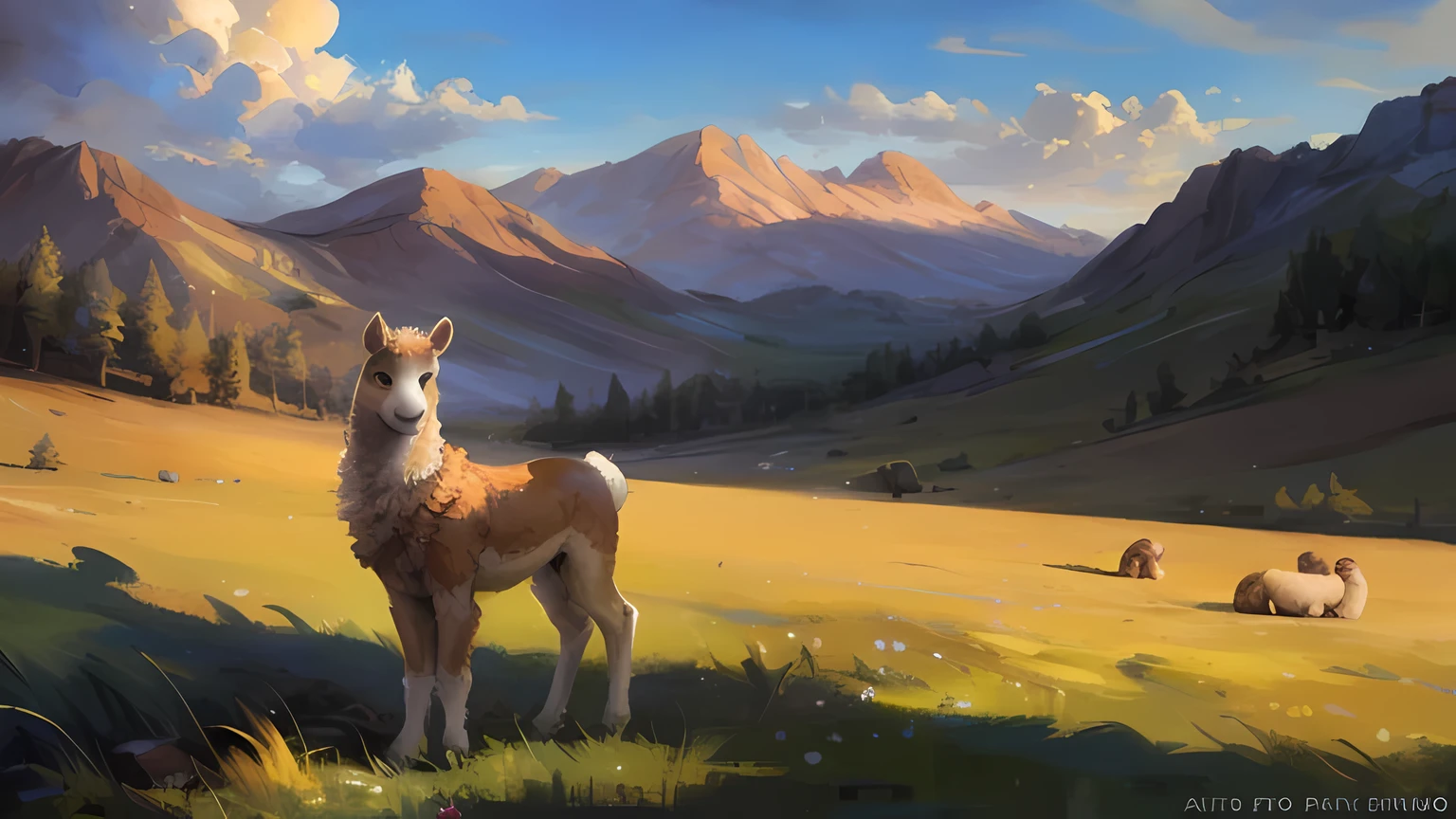(ultra detailed), a beautiful and intricately rendered full-size portrait of a solitary alpaca, (1.3), standing calmly with its soft, fluffy coat, (beige color), showcasing its distinct elongated ears and expressive eyes, (brown, expressive), set against a serene, open landscape, (green pasture, rolling hills), under a clear, sunny sky, (blue, cloudless), capturing the gentle essence of this beloved animal, a masterpiece by renowned artists such as (Pino Daeni, Ruaidri, Virtyalfobo, Kenket). (4k, HD, ultra detailed)