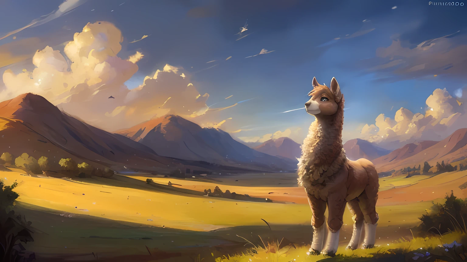 (ultra detailed), a beautiful and intricately rendered full-size portrait of a solitary alpaca, (1.3), standing calmly with its soft, fluffy coat, (beige color), showcasing its distinct elongated ears and expressive eyes, (brown, expressive), set against a serene, open landscape, (green pasture, rolling hills), under a clear, sunny sky, (blue, cloudless), capturing the gentle essence of this beloved animal, a masterpiece by renowned artists such as (Pino Daeni, Ruaidri, Virtyalfobo, Kenket). (4k, HD, ultra detailed)