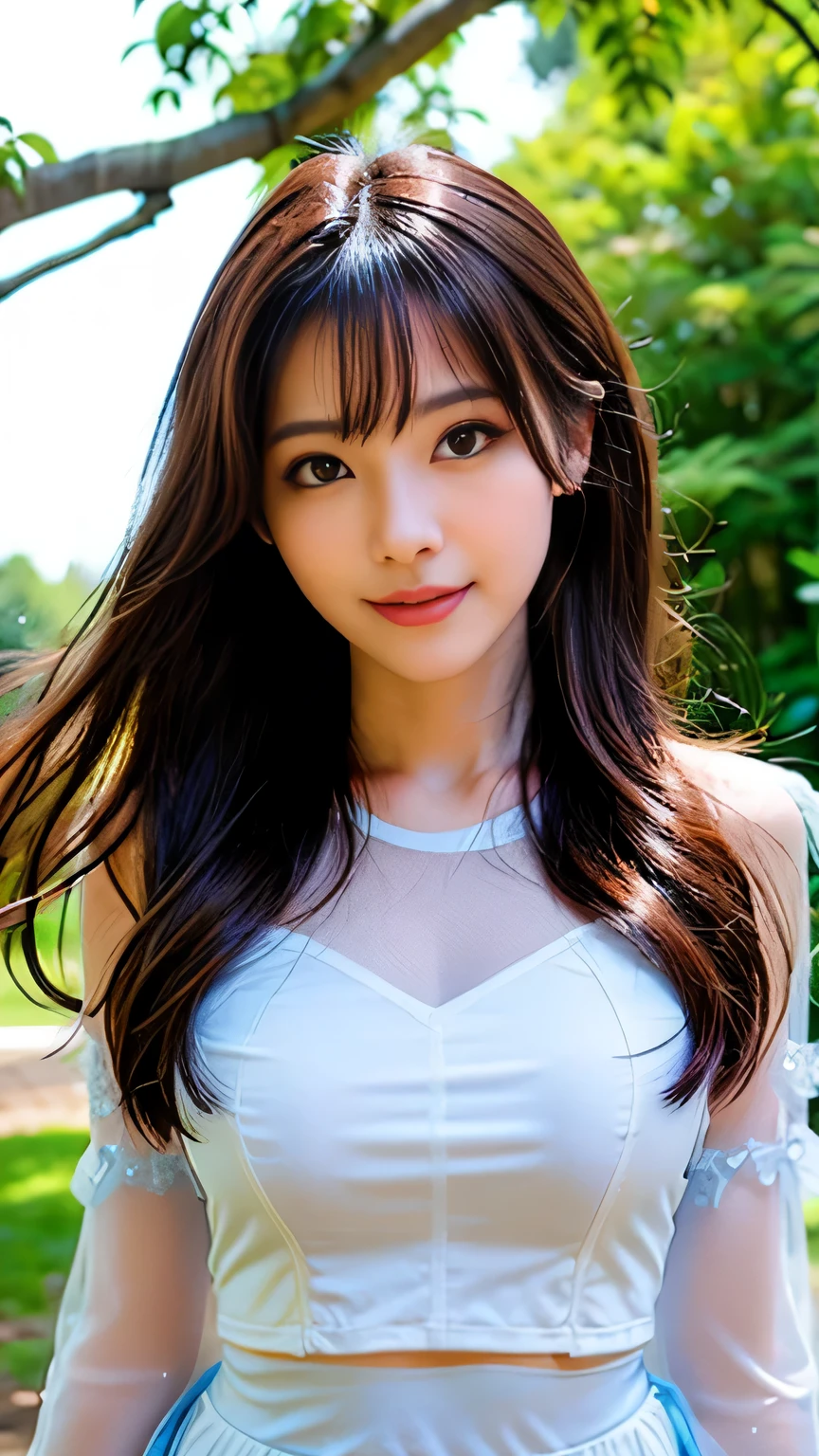 Full Body Angle、((highest quality, 8K, masterpiece: 1.3)), concentrated: 1.2, Cute girl 1,nipples erect、Braless walk、 Perfect beauty: 1.4,Contrast mesh lantern sleeve crop top: 1.2,Long sleeve、randal color、comics&Text Graphics、Black ruffle-trimmed drawstring zip blouse,1.1, Highly detailed face and skin textures, Fine grain, double eyelid, whitening skin, ,highest quality,Ultra-high resolution,you,1 girl,alone,_Shiny_skin,Iris,necklace,((Brown_length_Wavy_hair)),(lips)),eyelash,front hair,deal with,compensate,Shiny,pore,skin texture,big breasts、smiling face、garden、